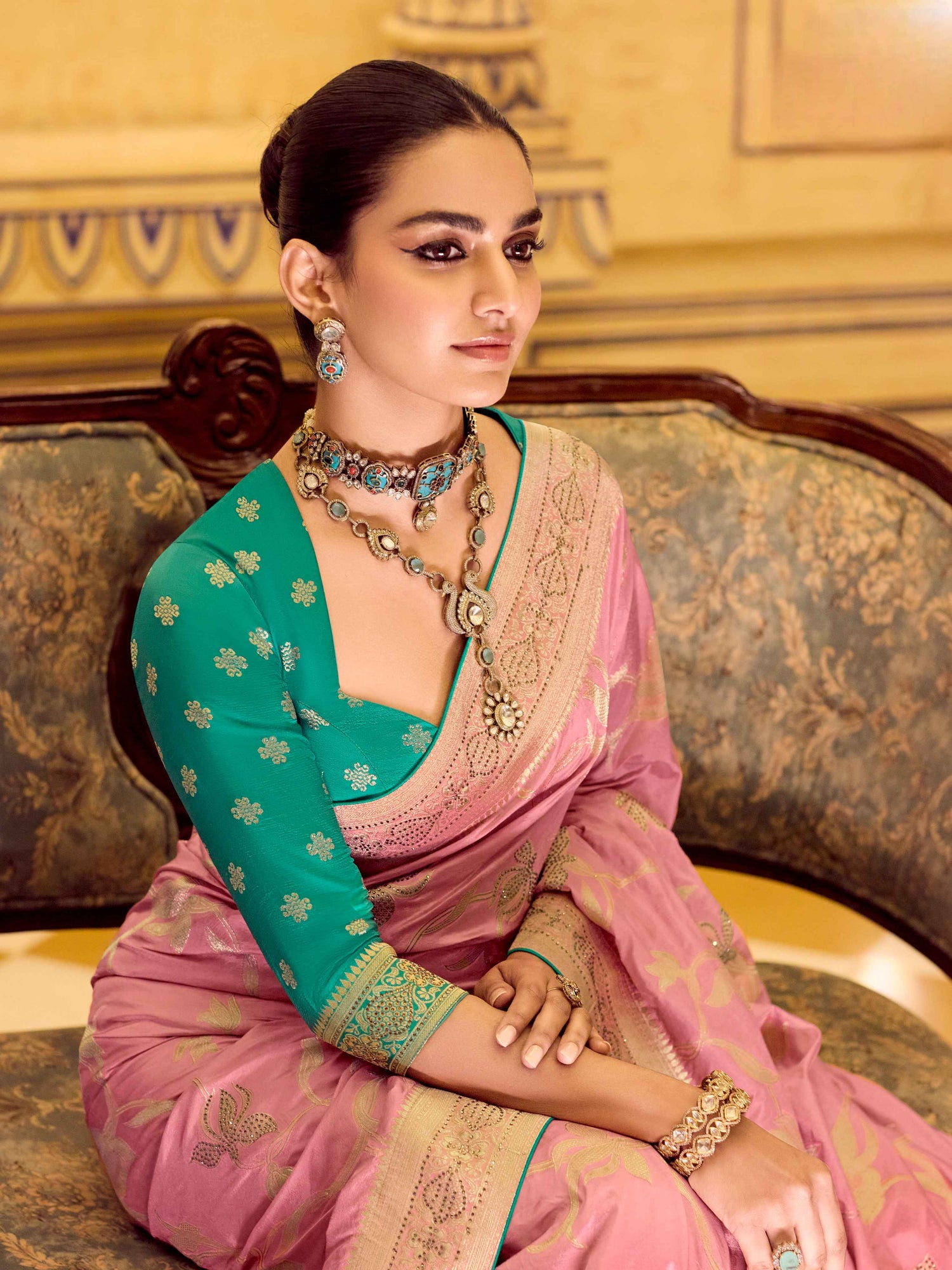 Peach Pink Crepe Silk Zari Woven Wedding Saree with Blouse