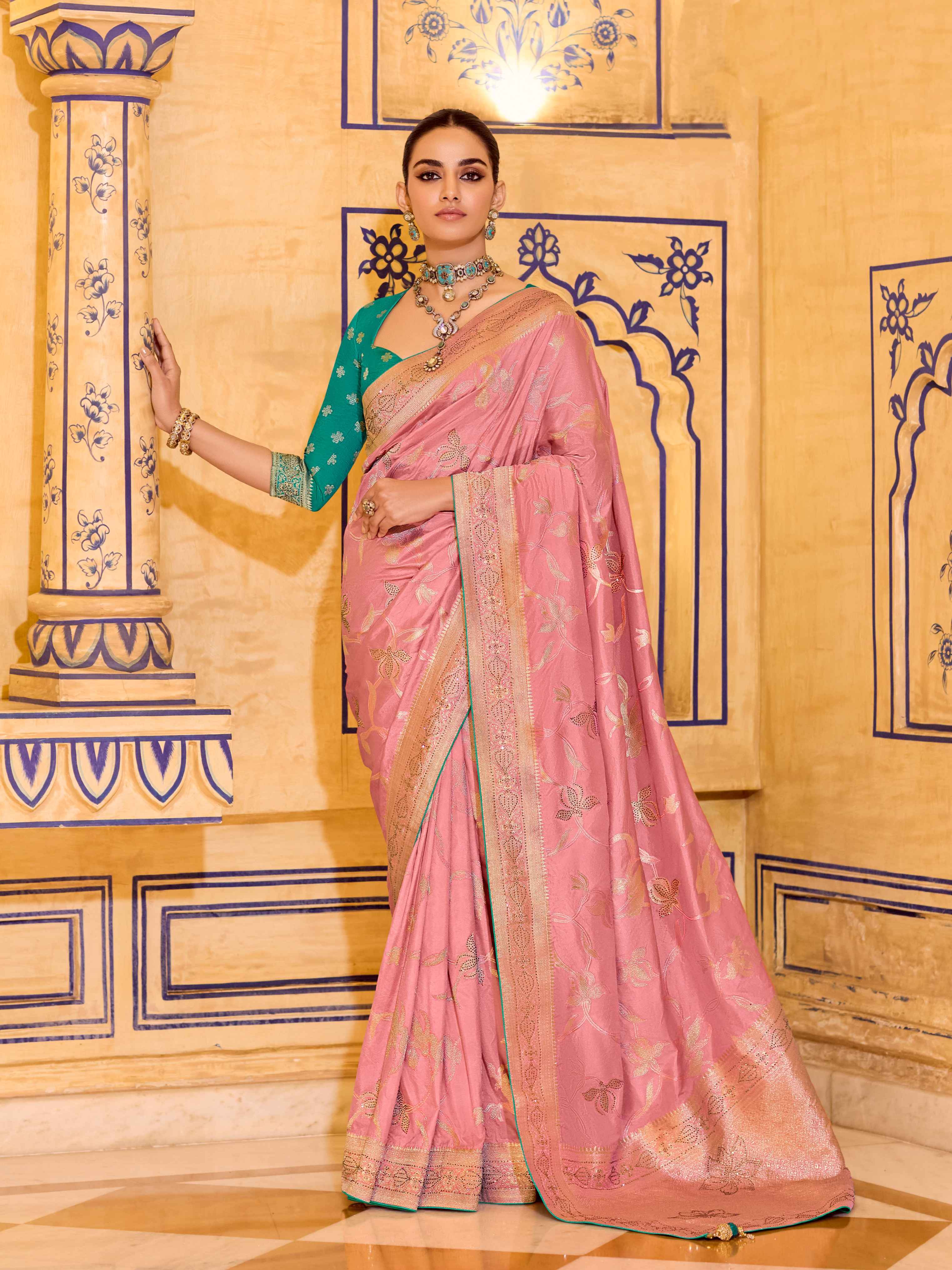 Peach Pink Crepe Silk Zari Woven Wedding Saree with Blouse