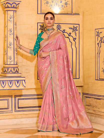 Peach Pink Crepe Silk Zari Woven Wedding Saree with Blouse