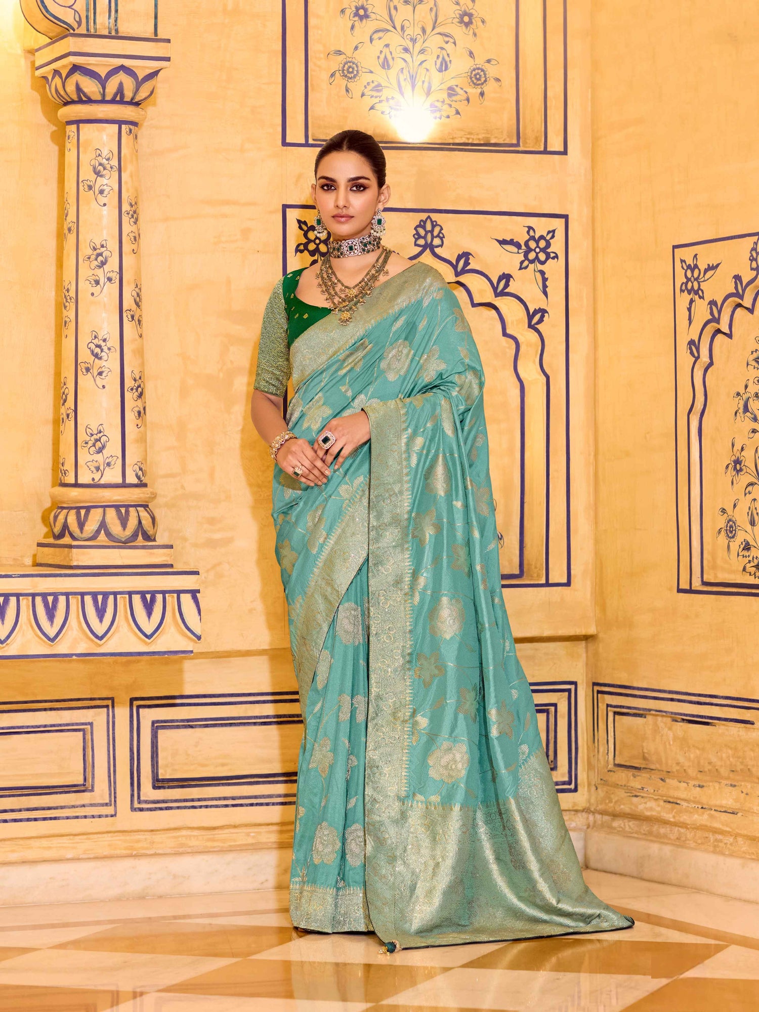 Aqua Green Crepe Silk Zari Weaving Designer Saree with Blouse