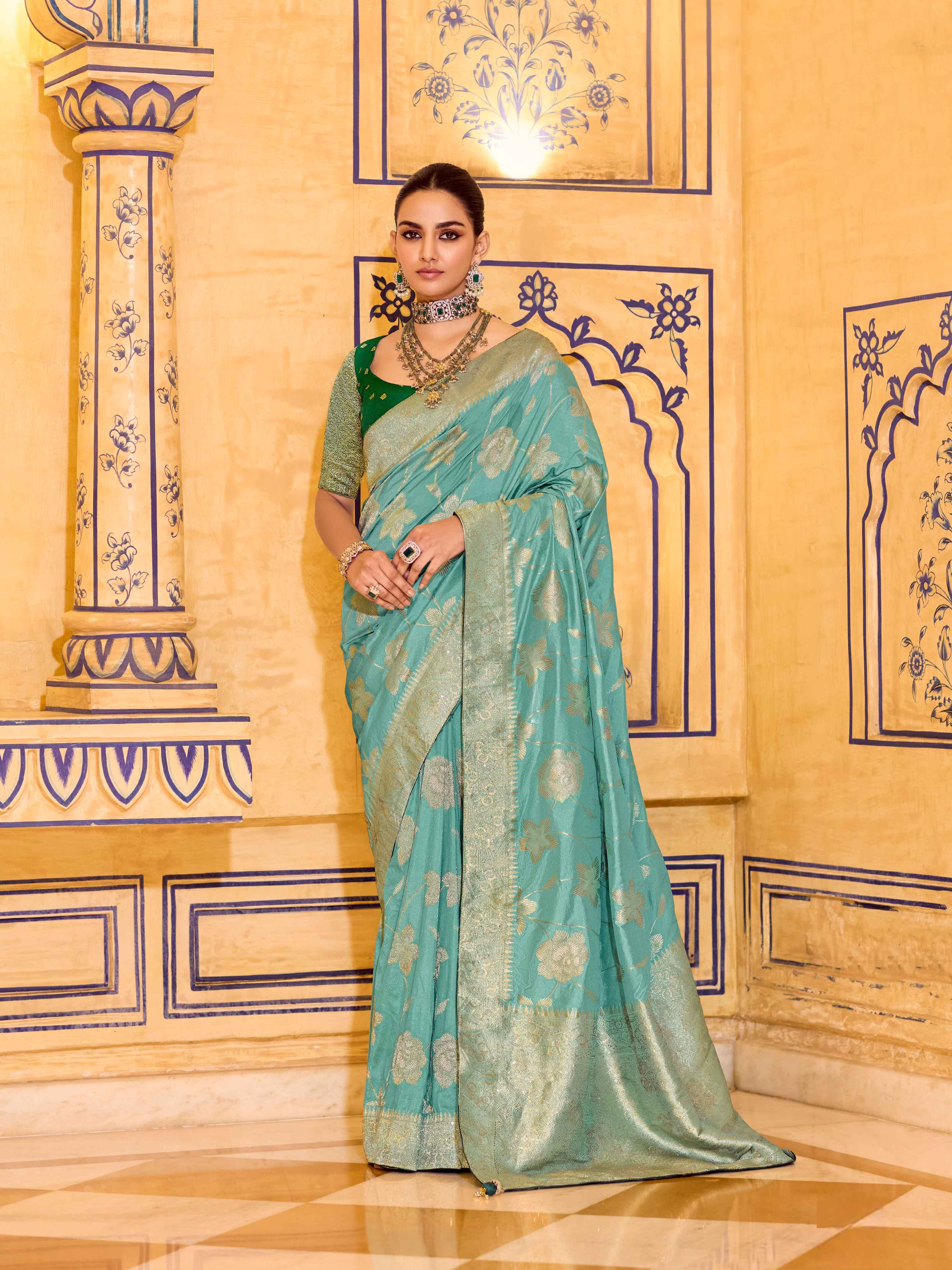 Aqua Green Crepe Silk Zari Weaving Designer Saree with Blouse