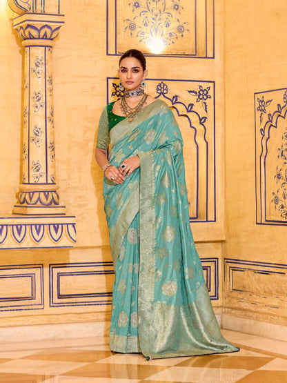 Aqua Green Crepe Silk Zari Weaving Designer Saree with Blouse