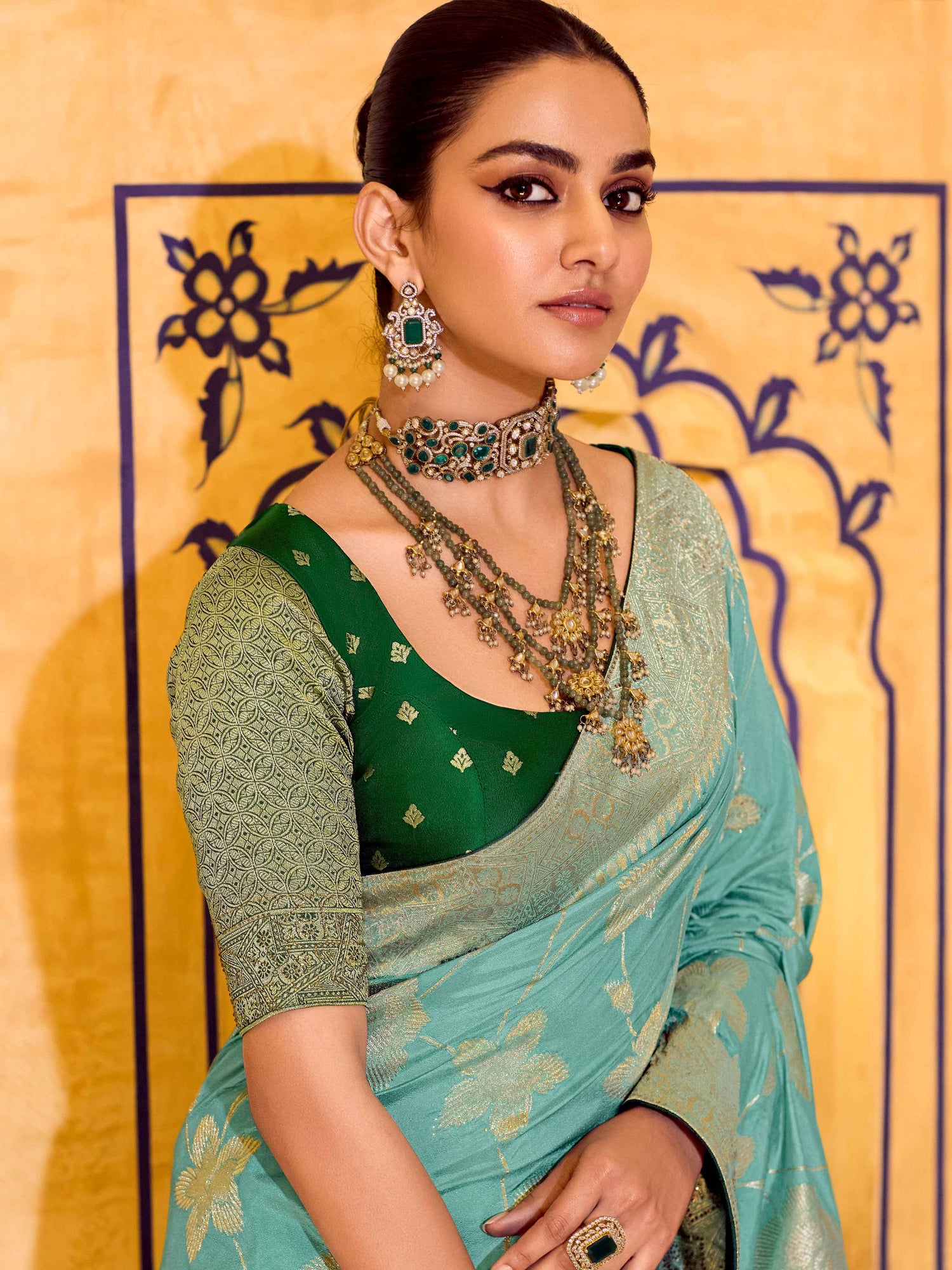 Aqua Green Crepe Silk Zari Weaving Designer Saree with Blouse