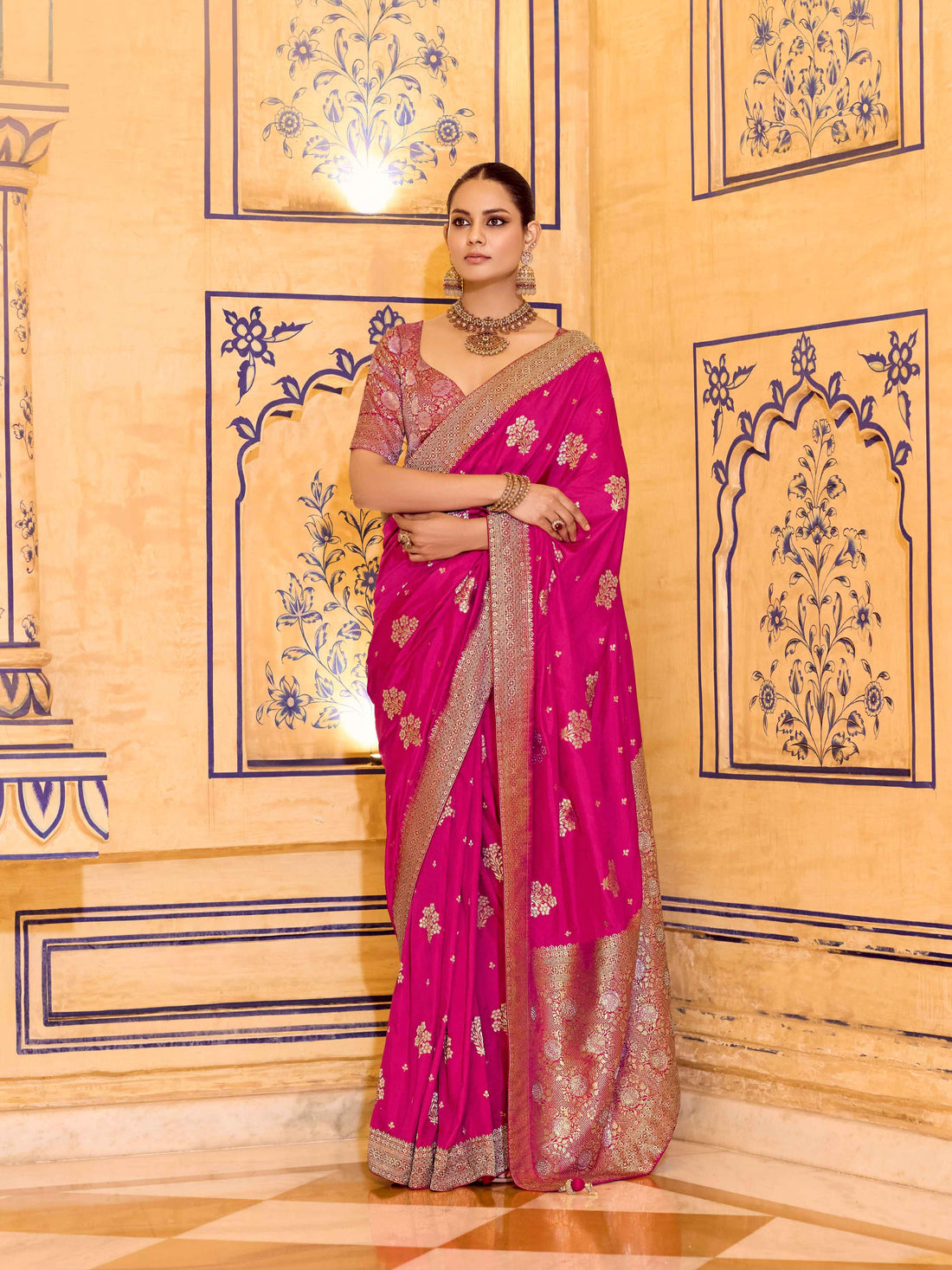 Rani Pink Crepe Silk Zari Weaving Festive Saree with Blouse