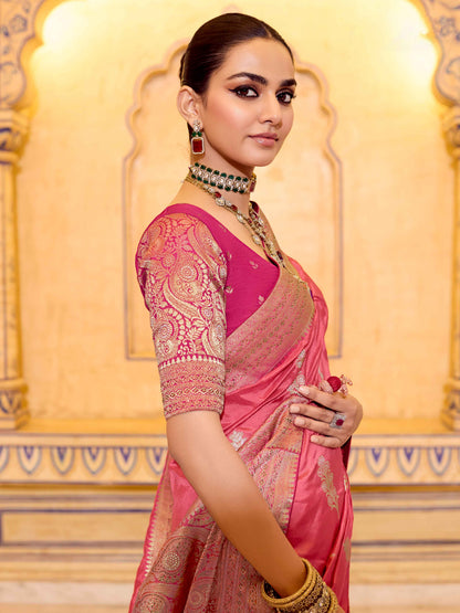 Coral Pink Crepe Silk Zari Weaving Designer Saree with Blouse