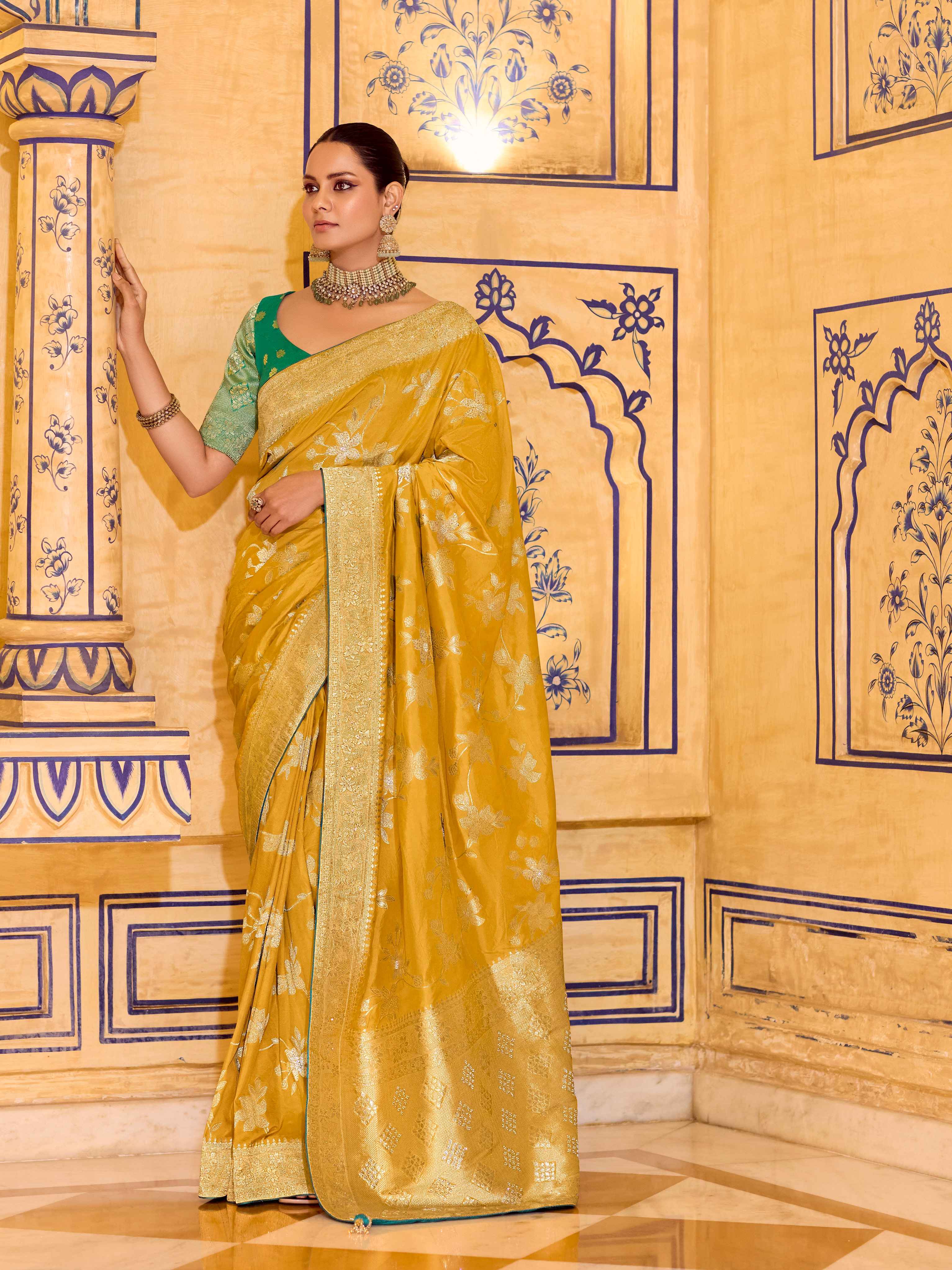 Mustard Yellow Crepe Silk Zari Woven Wedding Saree with Blouse