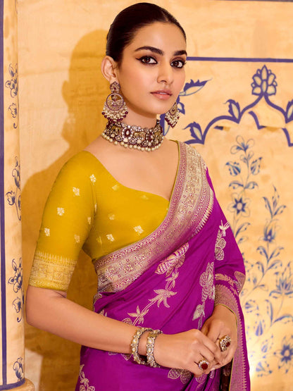 Purple Crepe Silk Zari Weaving Festive Saree with Blouse