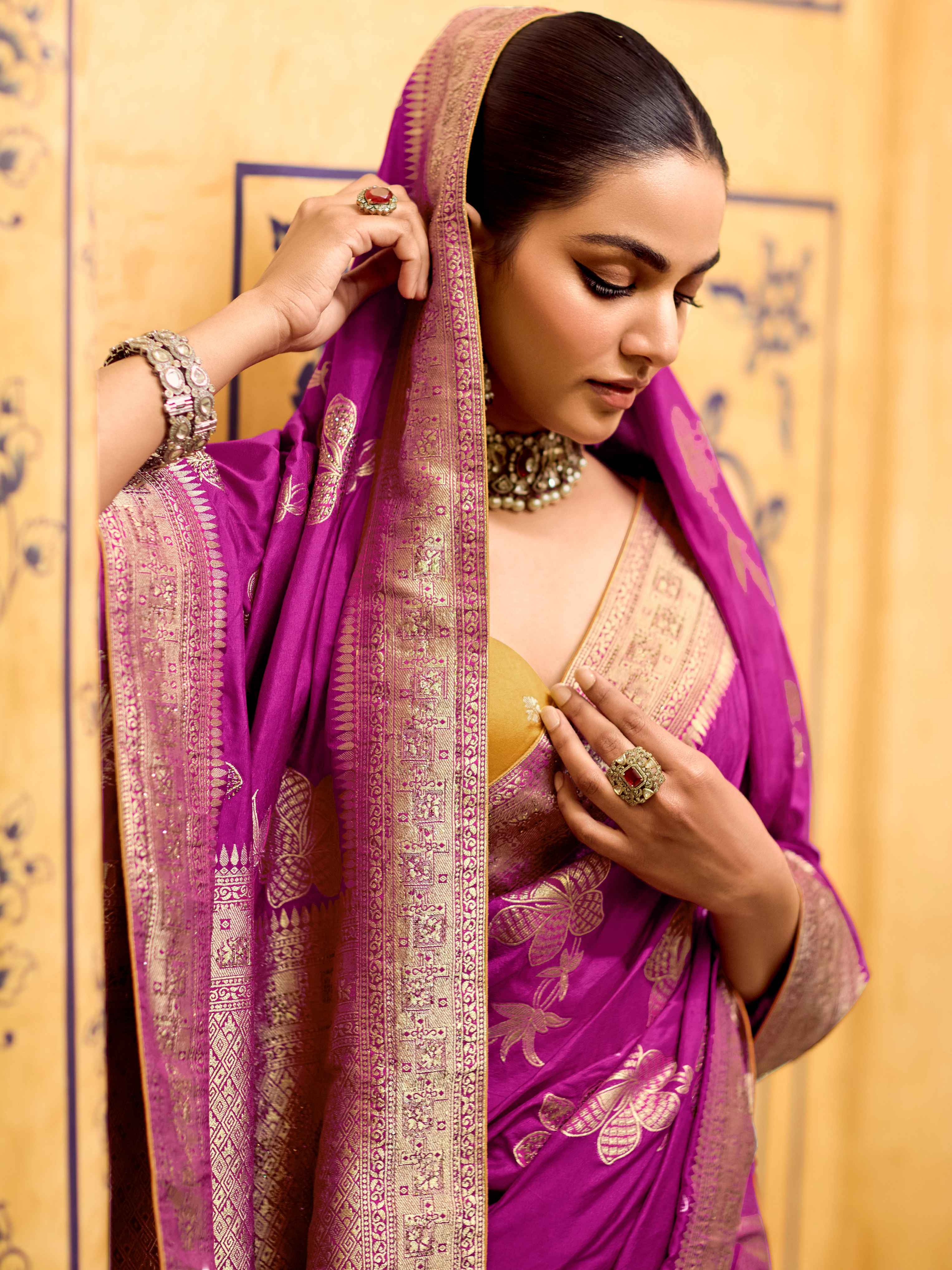 Purple Crepe Silk Zari Weaving Festive Saree with Blouse