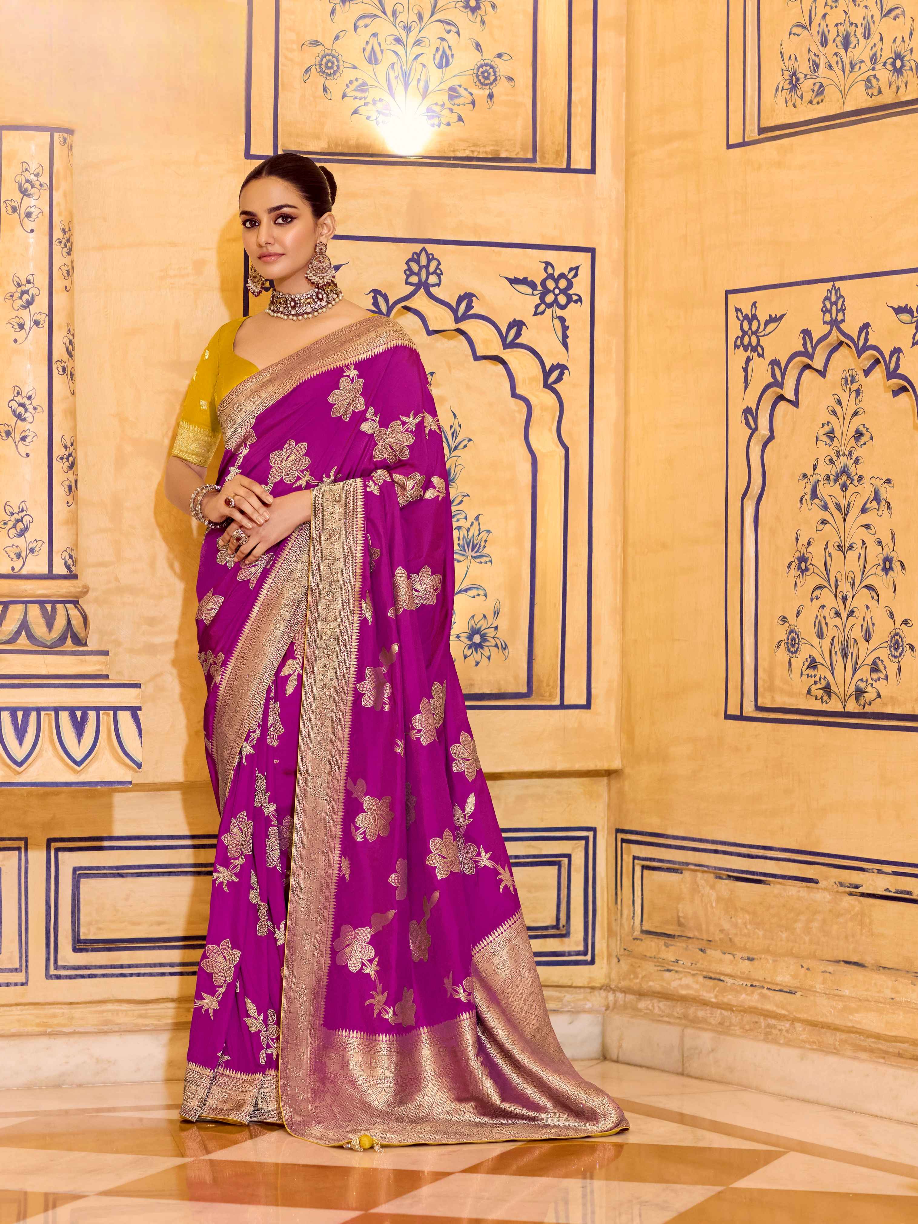 Purple Crepe Silk Zari Weaving Festive Saree with Blouse
