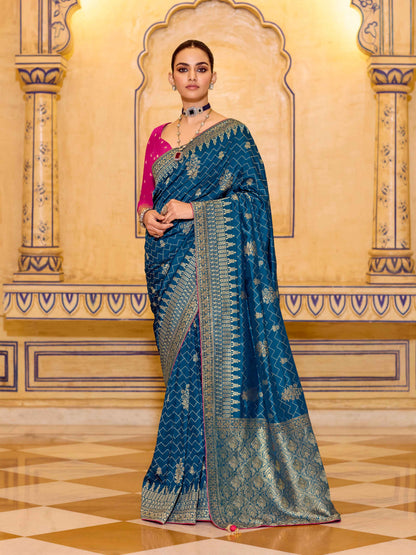 Teal Blue Crepe Silk Traditional Zari Saree with Matching Blouse