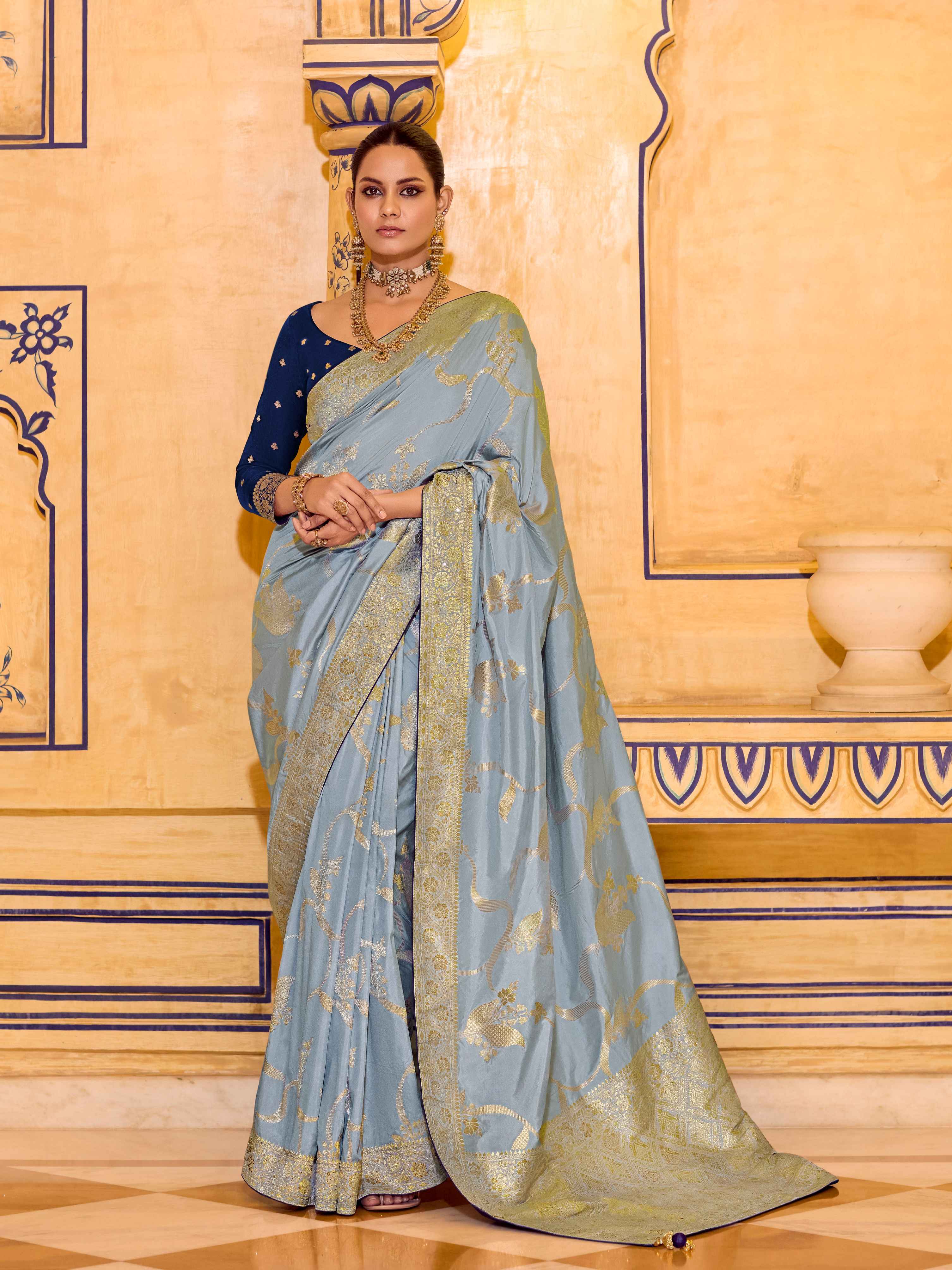 Light Blue Crepe Silk Zari Weaving Designer Saree with Matching Blouse