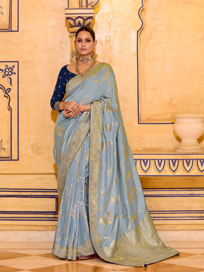 Light Blue Crepe Silk Zari Weaving Designer Saree with Matching Blouse