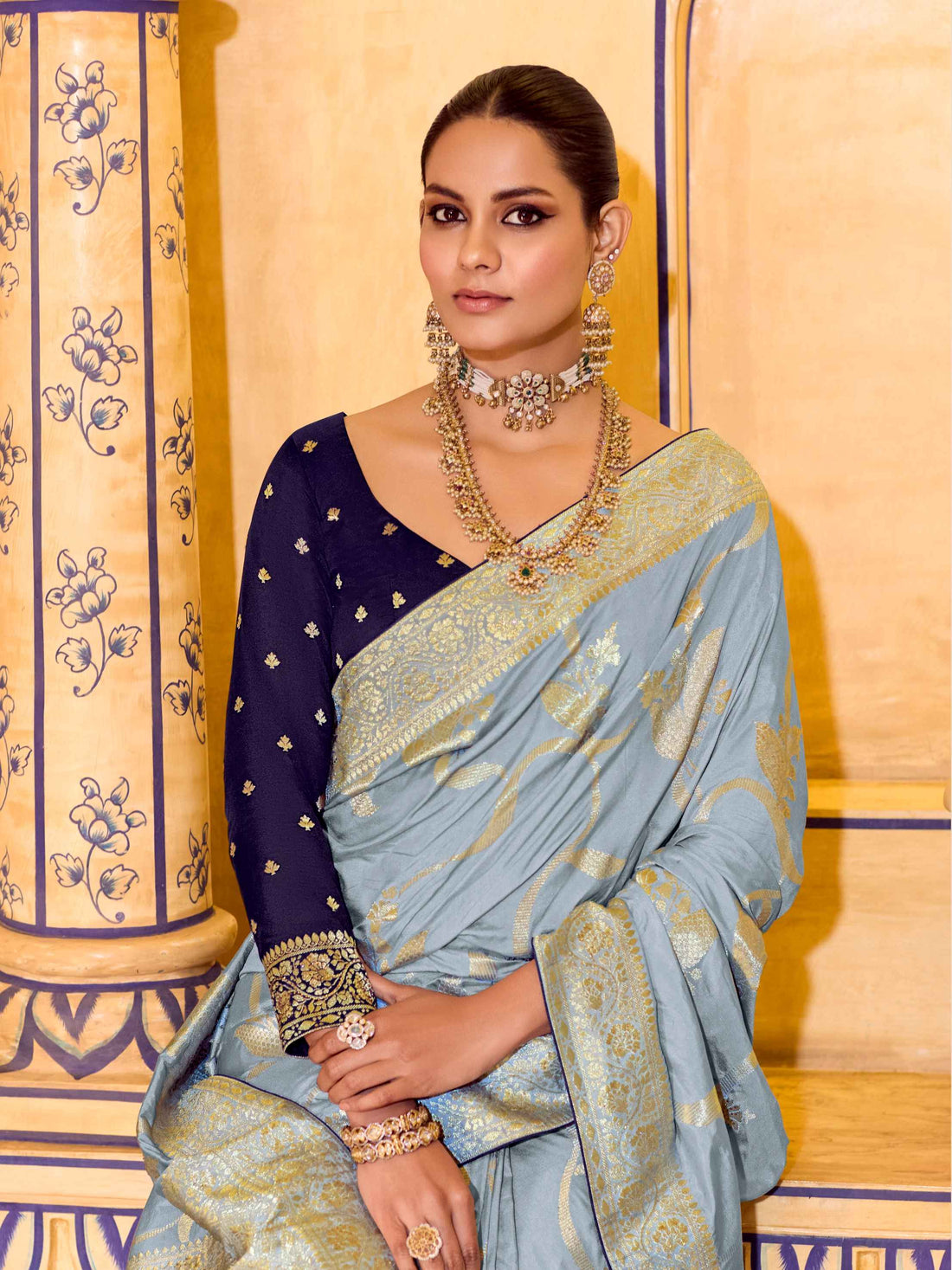 Light Blue Crepe Silk Zari Weaving Designer Saree with Matching Blouse
