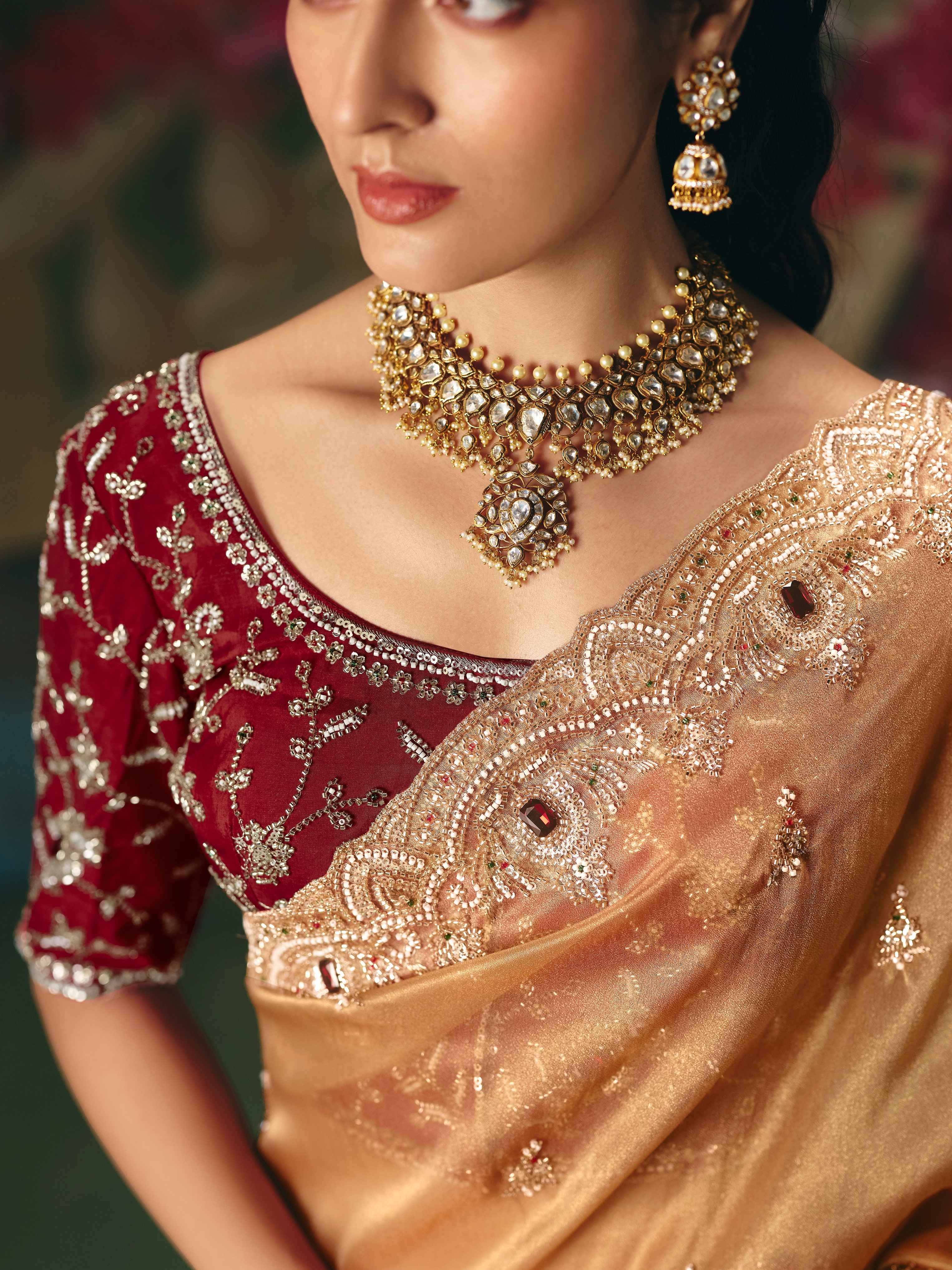 Golden Beige Premium Fancy Saree with Sequin Stone Embroidery