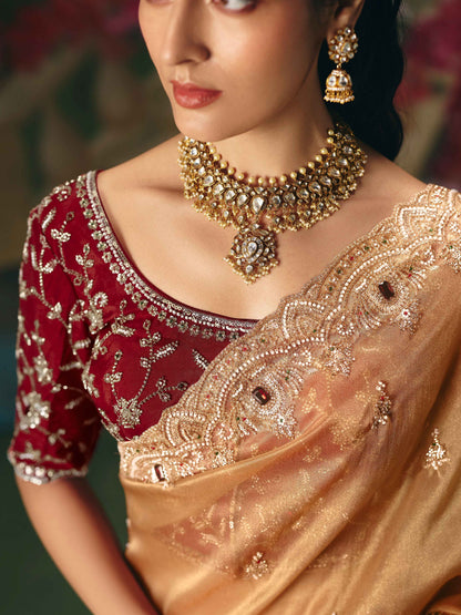 Golden Beige Premium Fancy Saree with Sequin Stone Embroidery