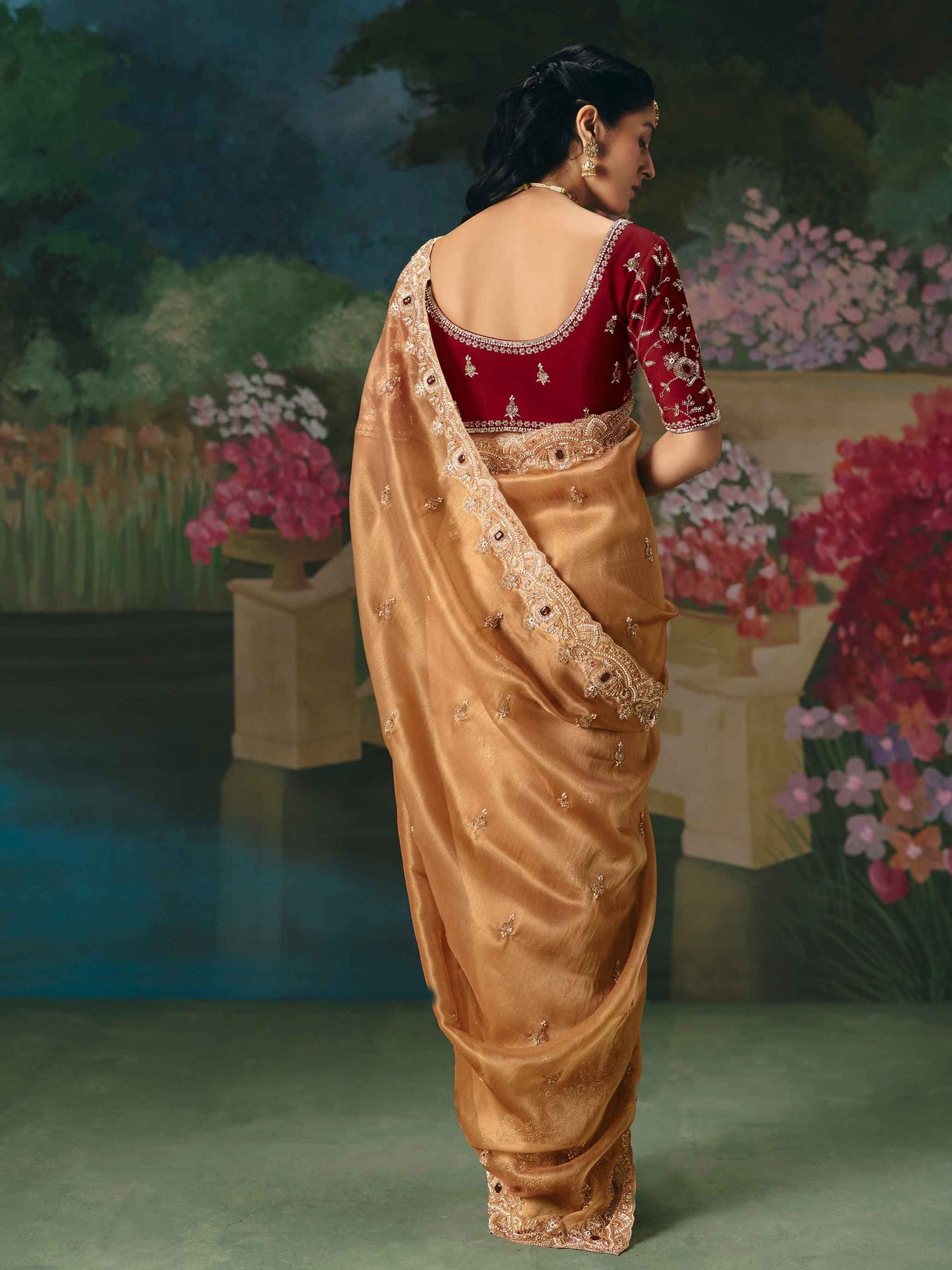 Golden Beige Premium Fancy Saree with Sequin Stone Embroidery