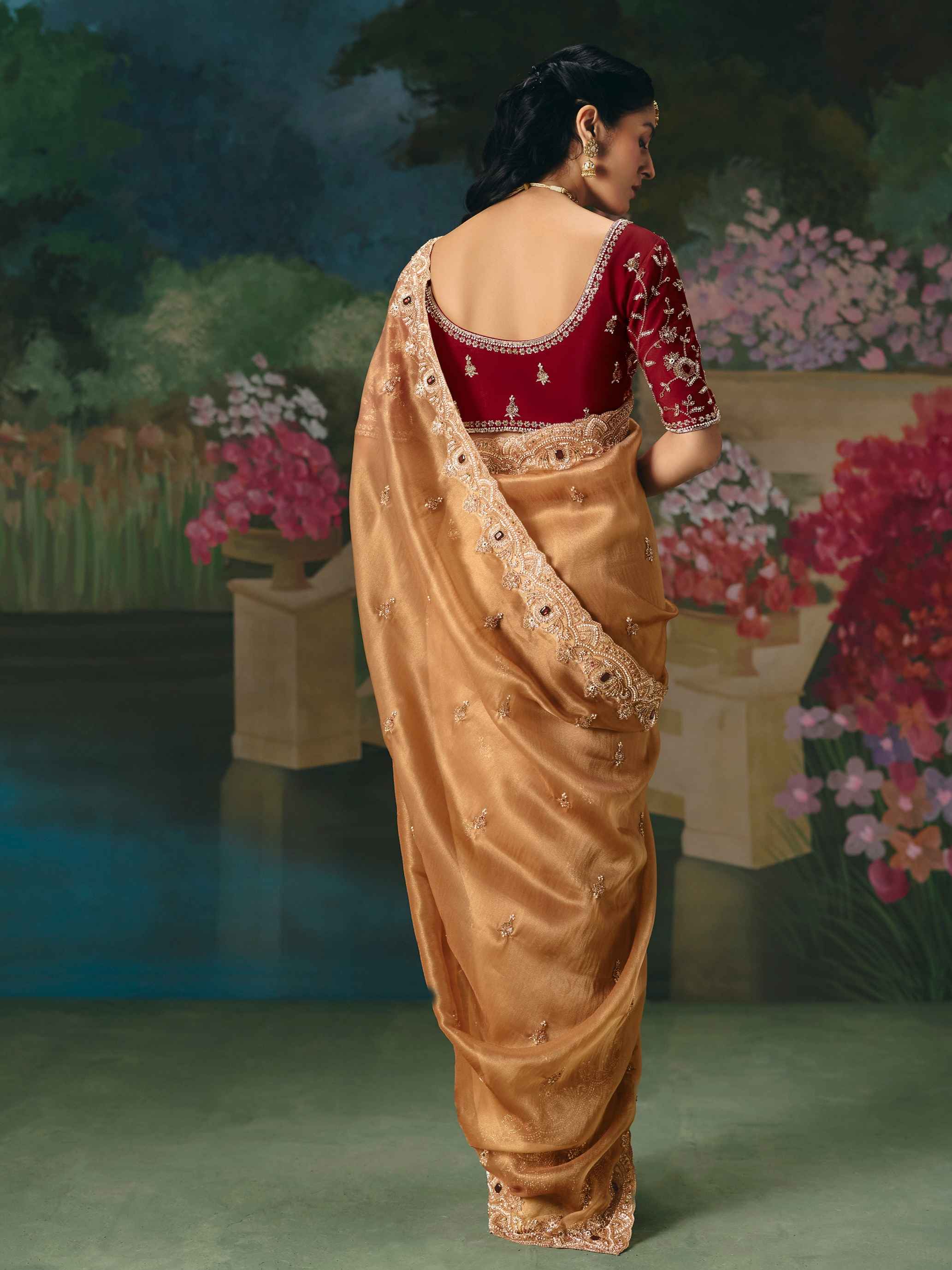 Golden Beige Premium Fancy Saree with Sequin Stone Embroidery