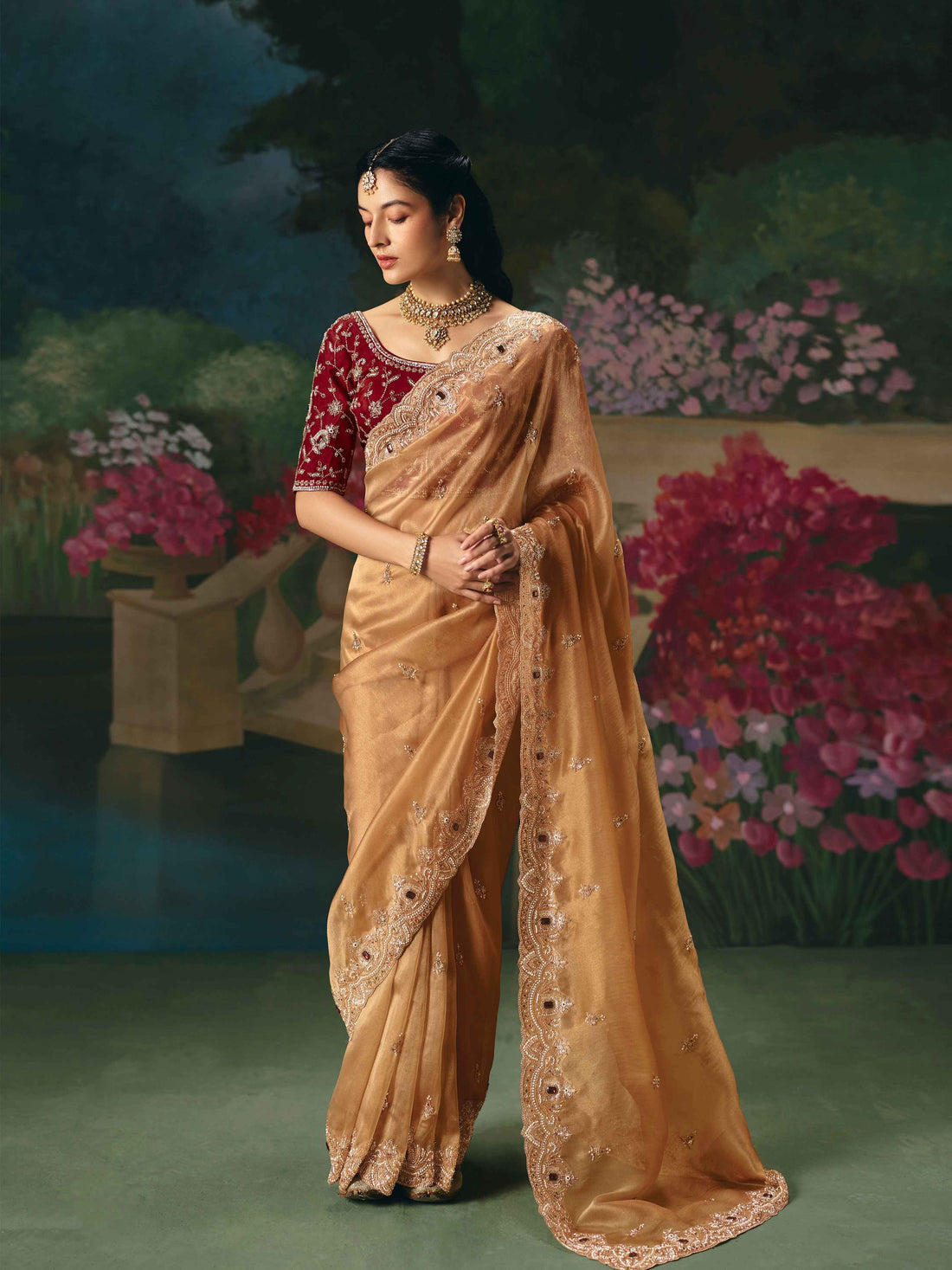Golden Beige Premium Fancy Saree with Sequin Stone Embroidery