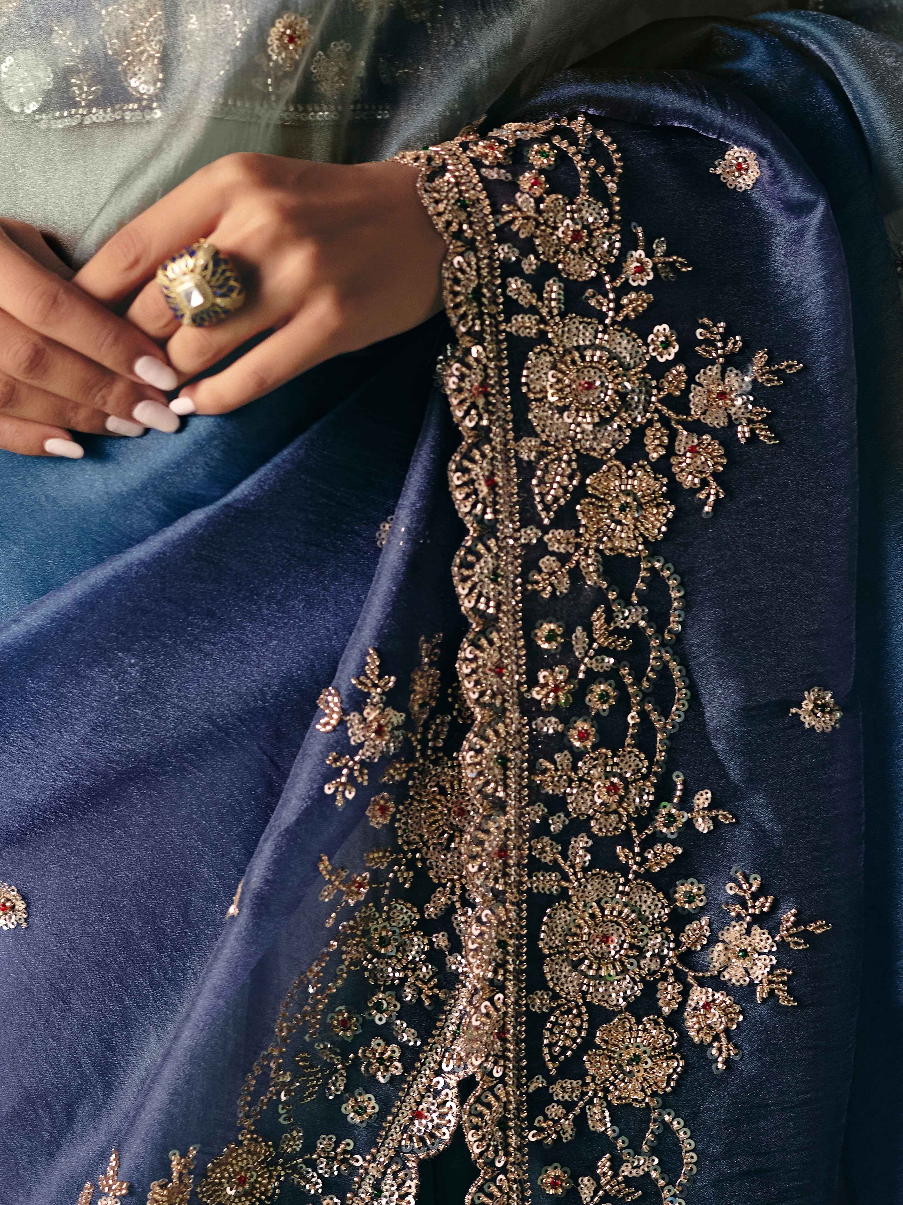 Grey Blue Premium Fancy Saree with Heavy Border Work