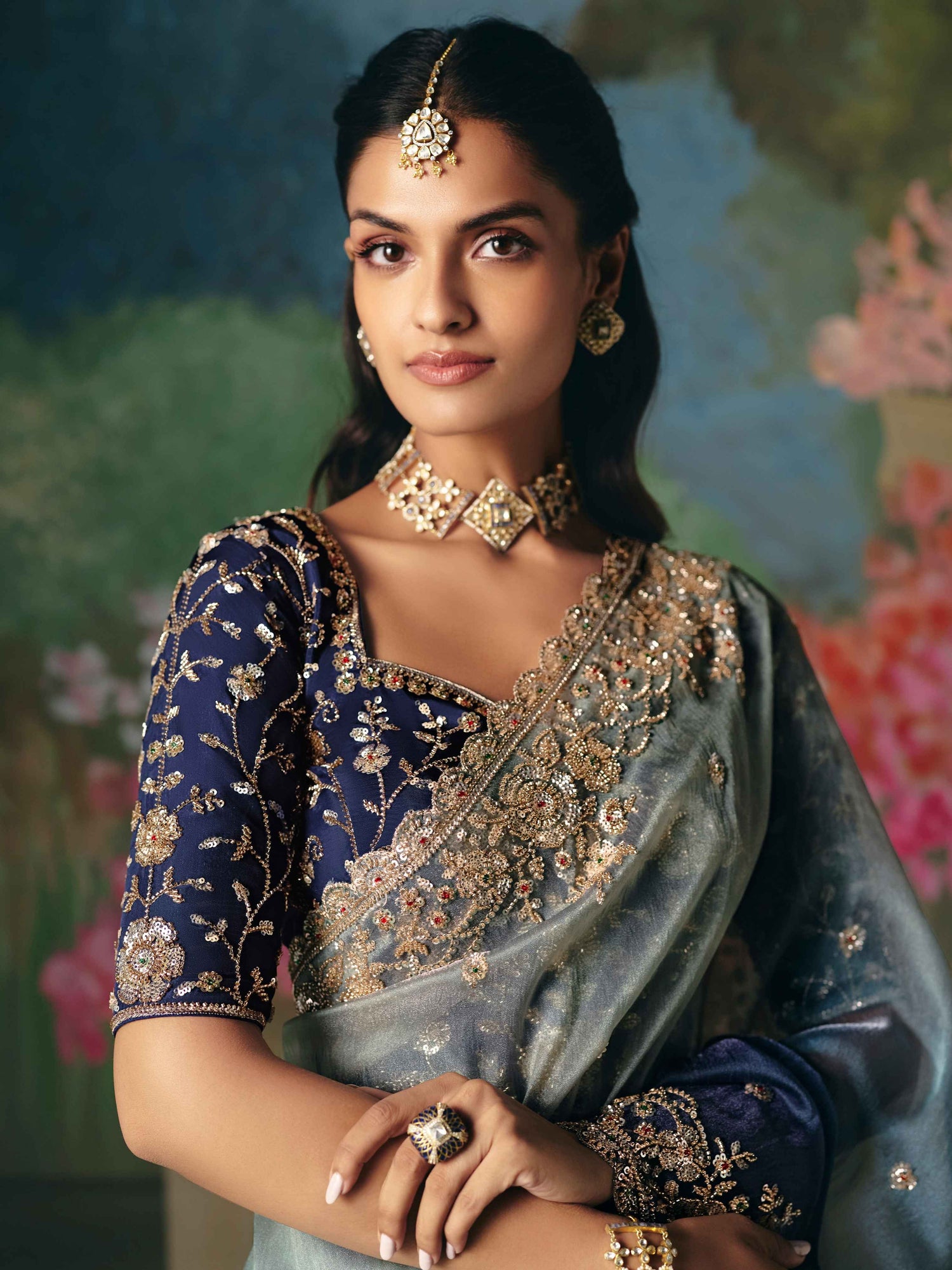 Grey Blue Premium Fancy Saree with Heavy Border Work