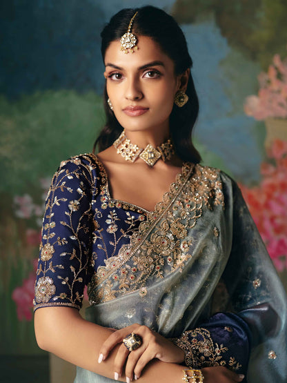 Grey Blue Premium Fancy Saree with Heavy Border Work