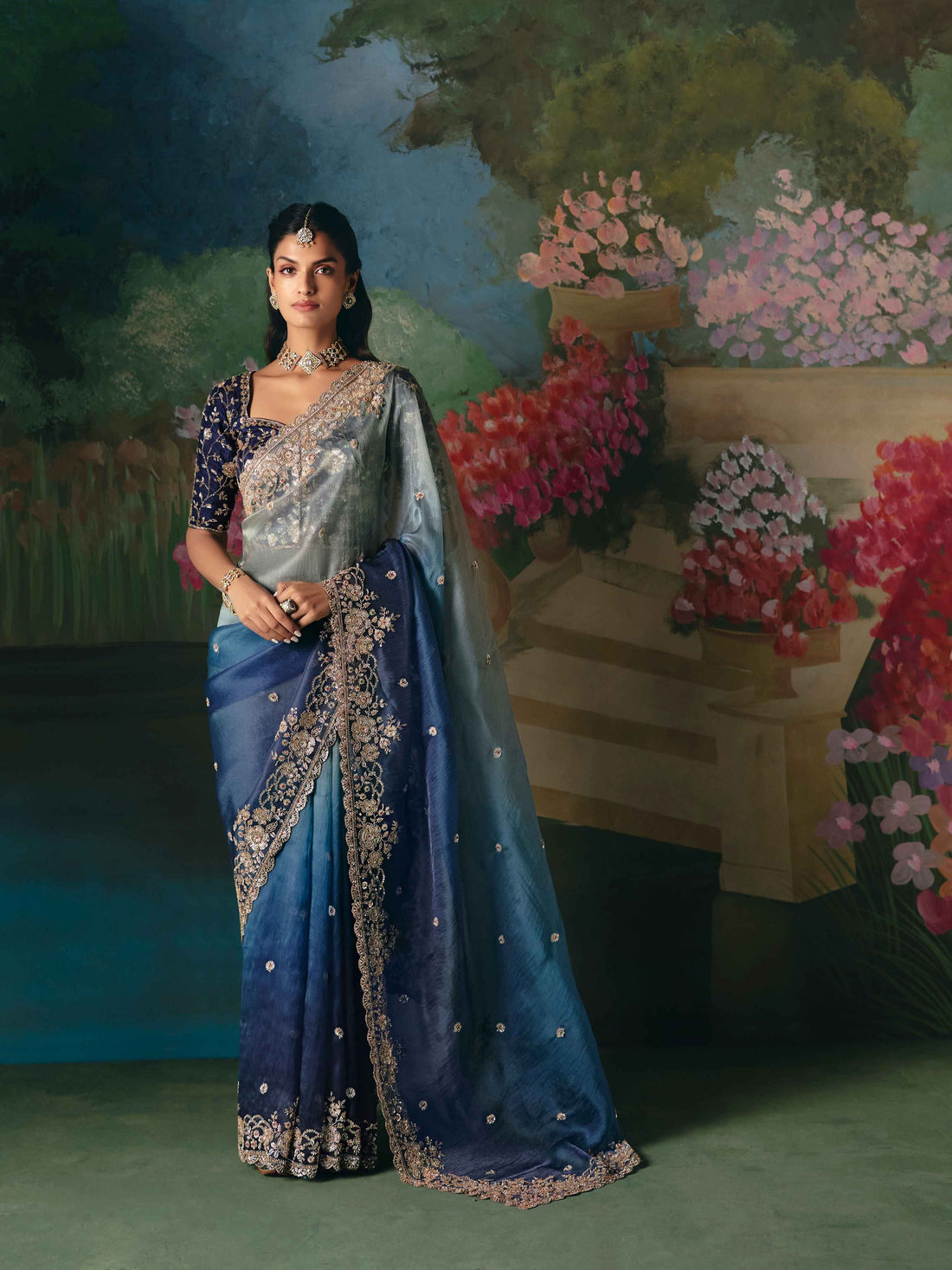 Grey Blue Premium Fancy Saree with Heavy Border Work