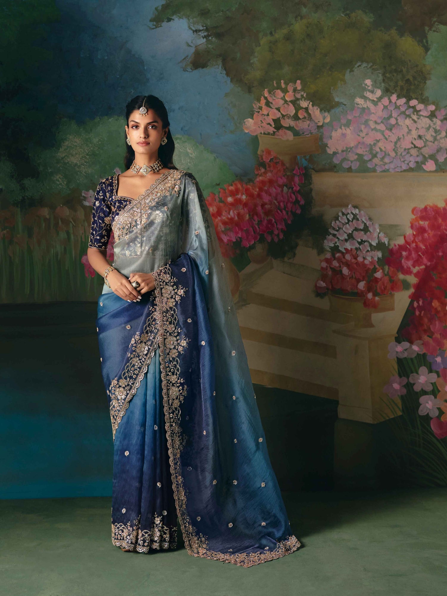 Grey Blue Premium Fancy Saree with Heavy Border Work