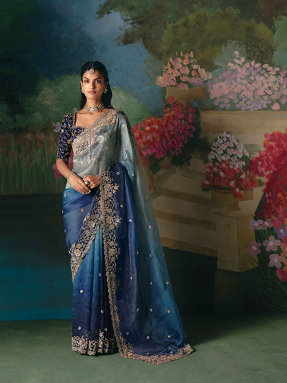 Grey Blue Premium Fancy Saree with Heavy Border Work