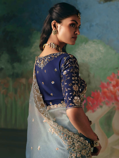 Grey Blue Premium Fancy Saree with Heavy Border Work