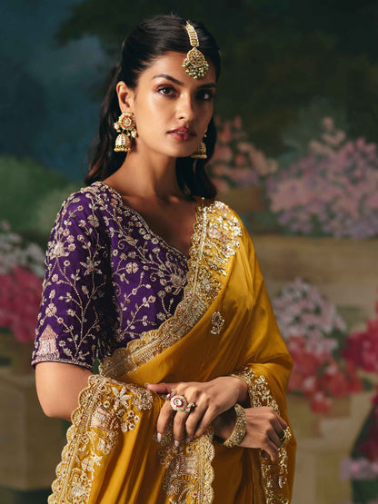 Mustard Yellow Premium Fancy Saree with Stone Beads Work
