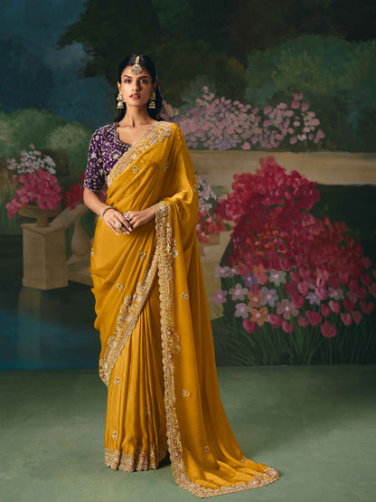 Mustard Yellow Premium Fancy Saree with Stone Beads Work
