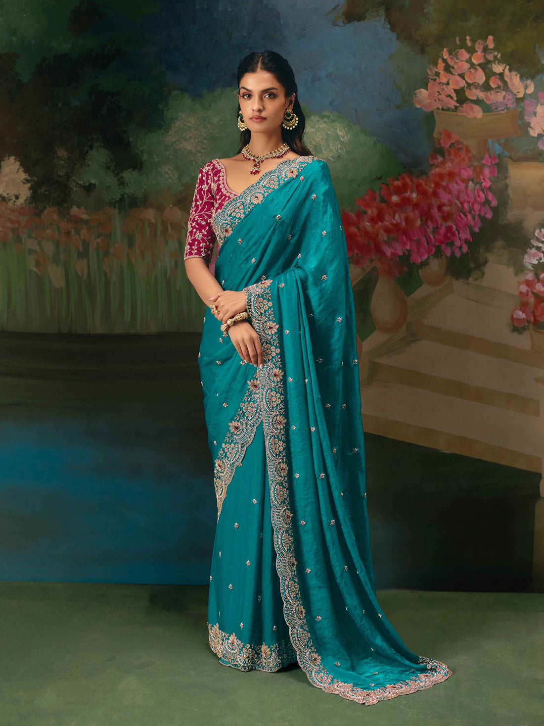 Teal Green Premium Fancy Saree with Heavy Embroidery