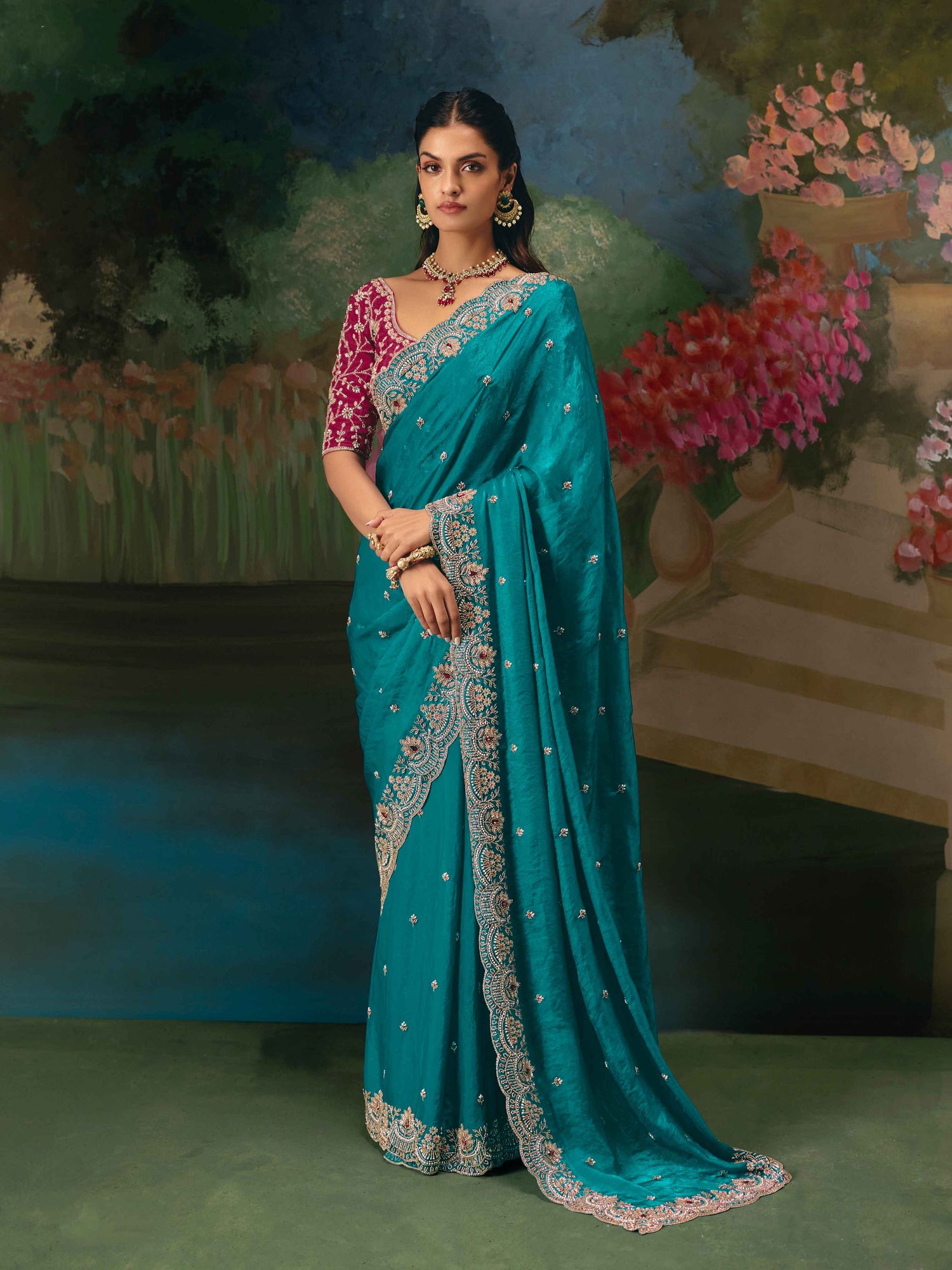 Teal Green Premium Fancy Saree with Heavy Embroidery