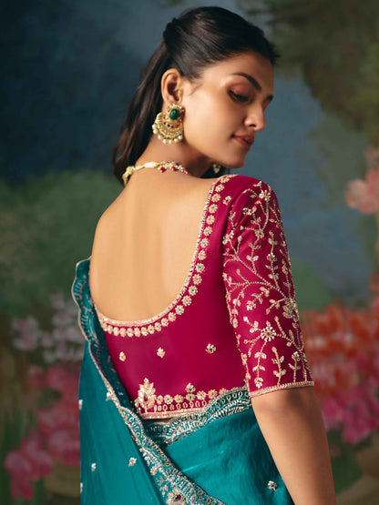 Teal Green Premium Fancy Saree with Heavy Embroidery