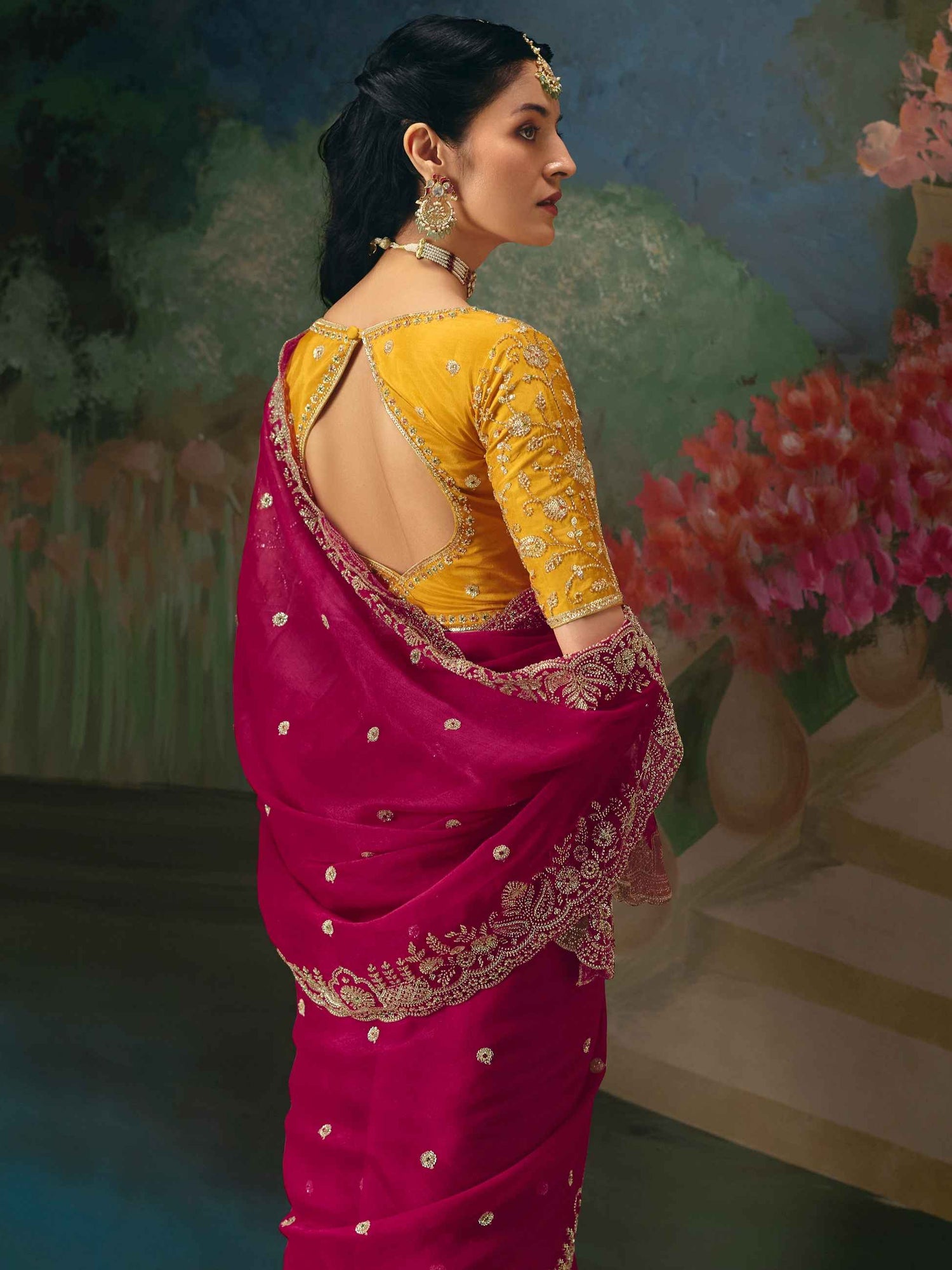 Rani Pink Premium Fancy Saree with Heavy Beads Work