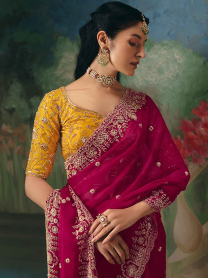 Rani Pink Premium Fancy Saree with Heavy Beads Work