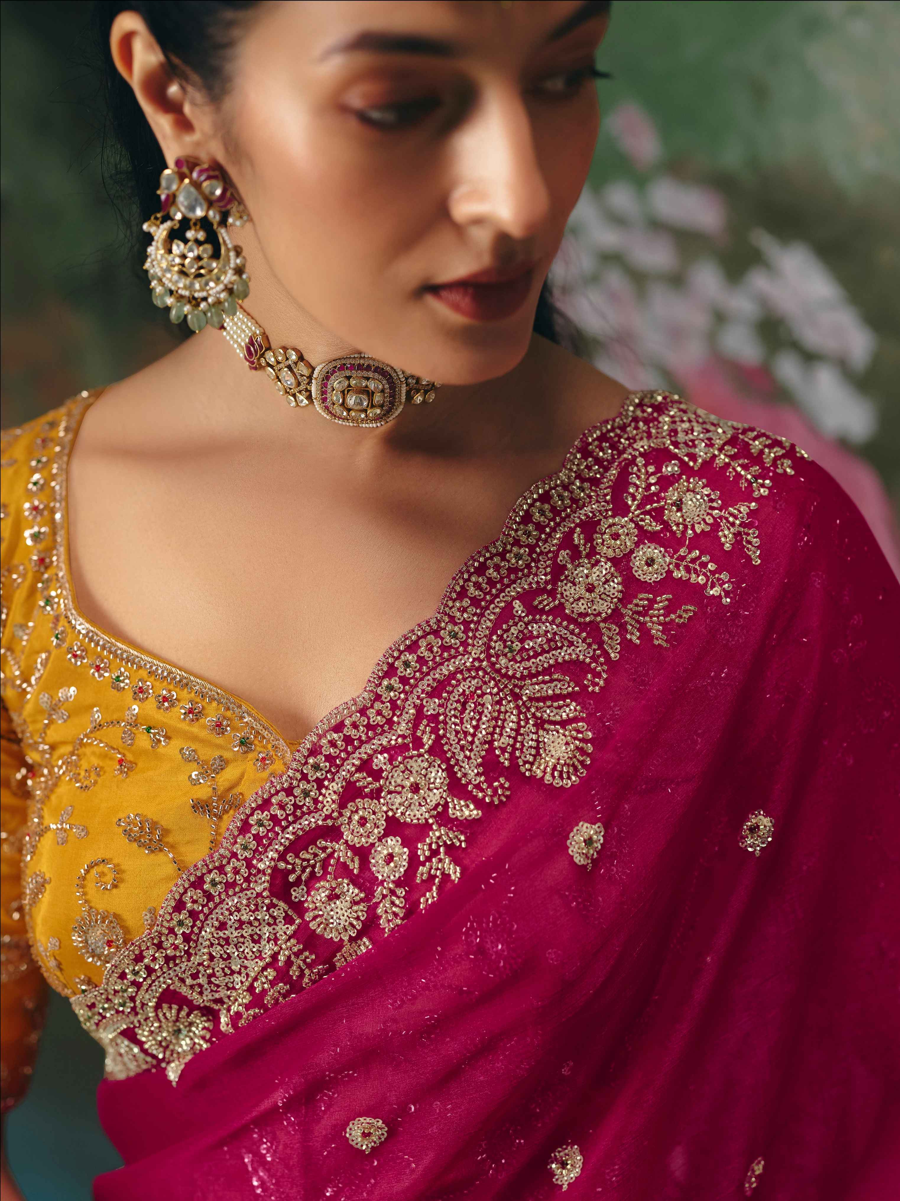 Rani Pink Premium Fancy Saree with Heavy Beads Work