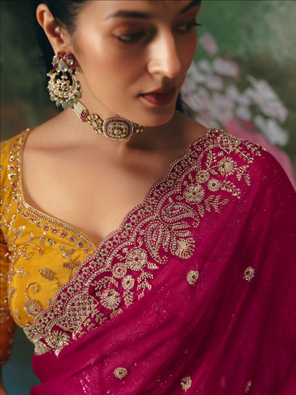 Rani Pink Premium Fancy Saree with Heavy Beads Work