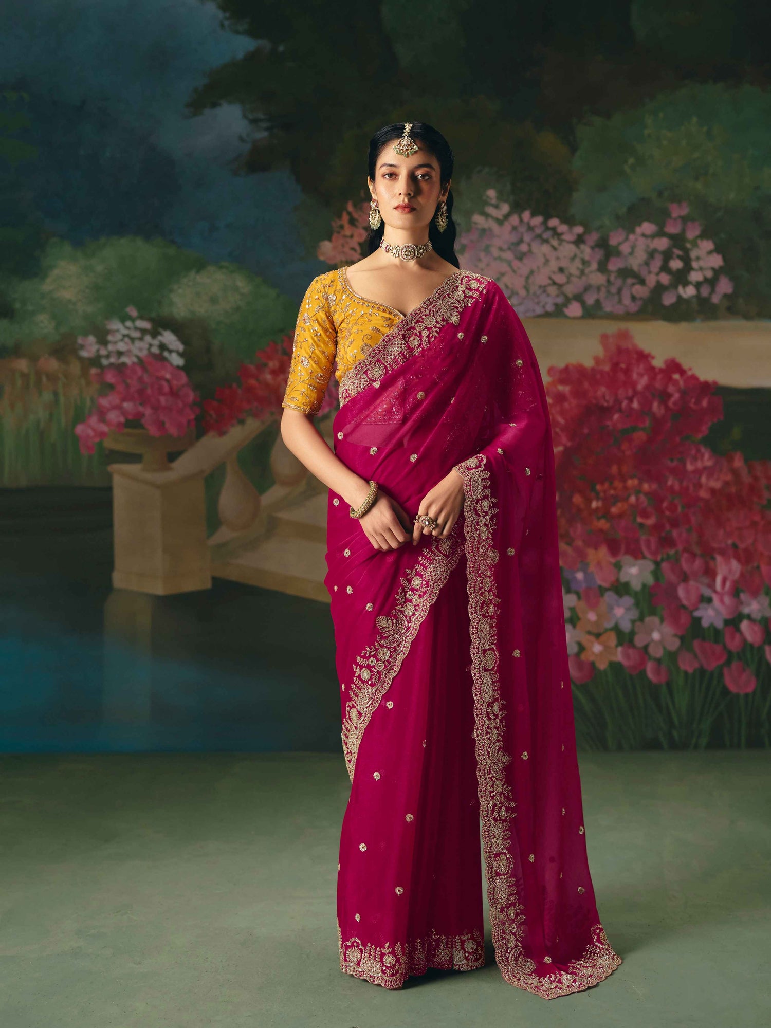 Rani Pink Premium Fancy Saree with Heavy Beads Work