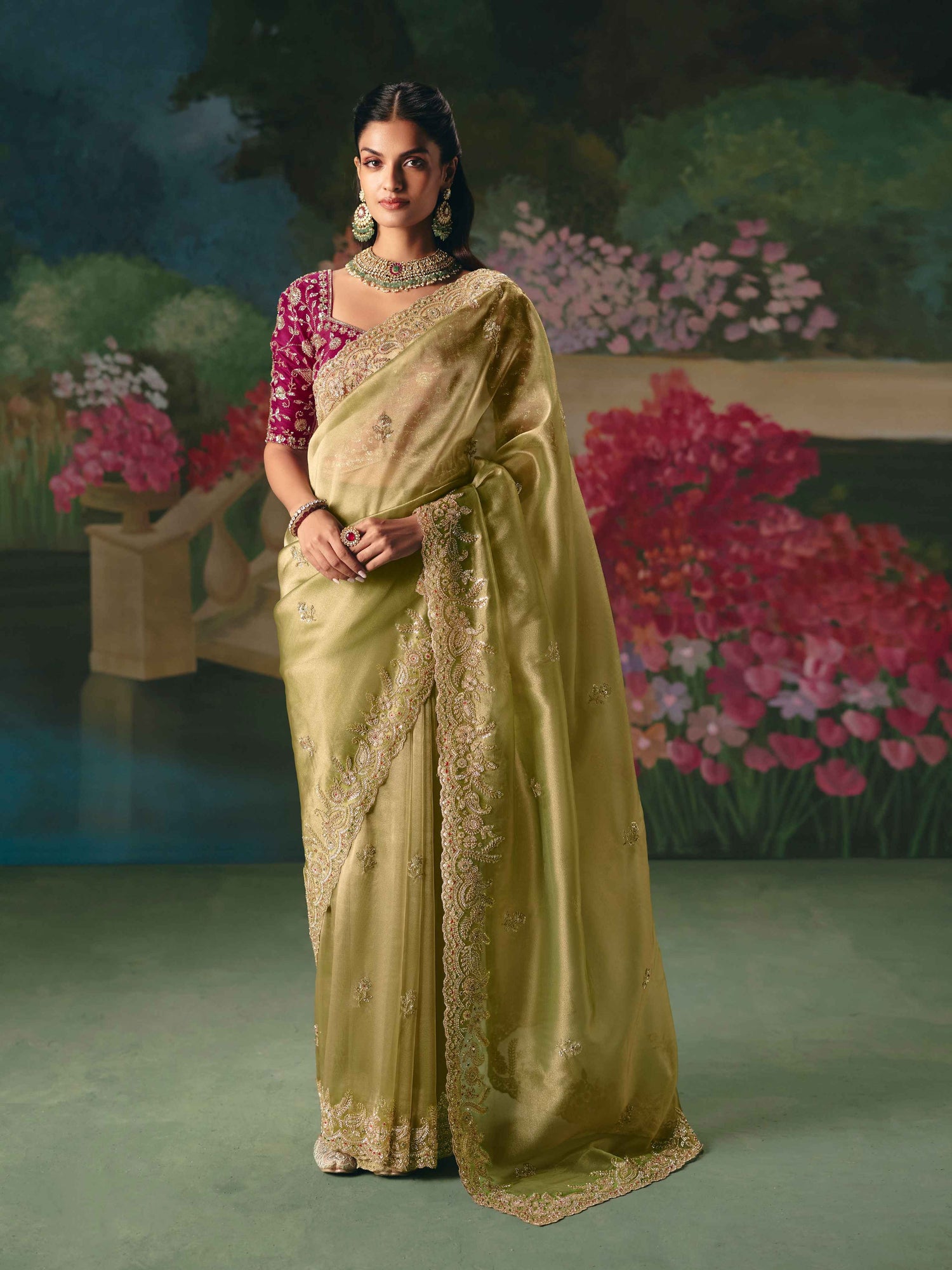 Pista Green Premium Fancy Saree with Stone &amp; Beads Embroidery