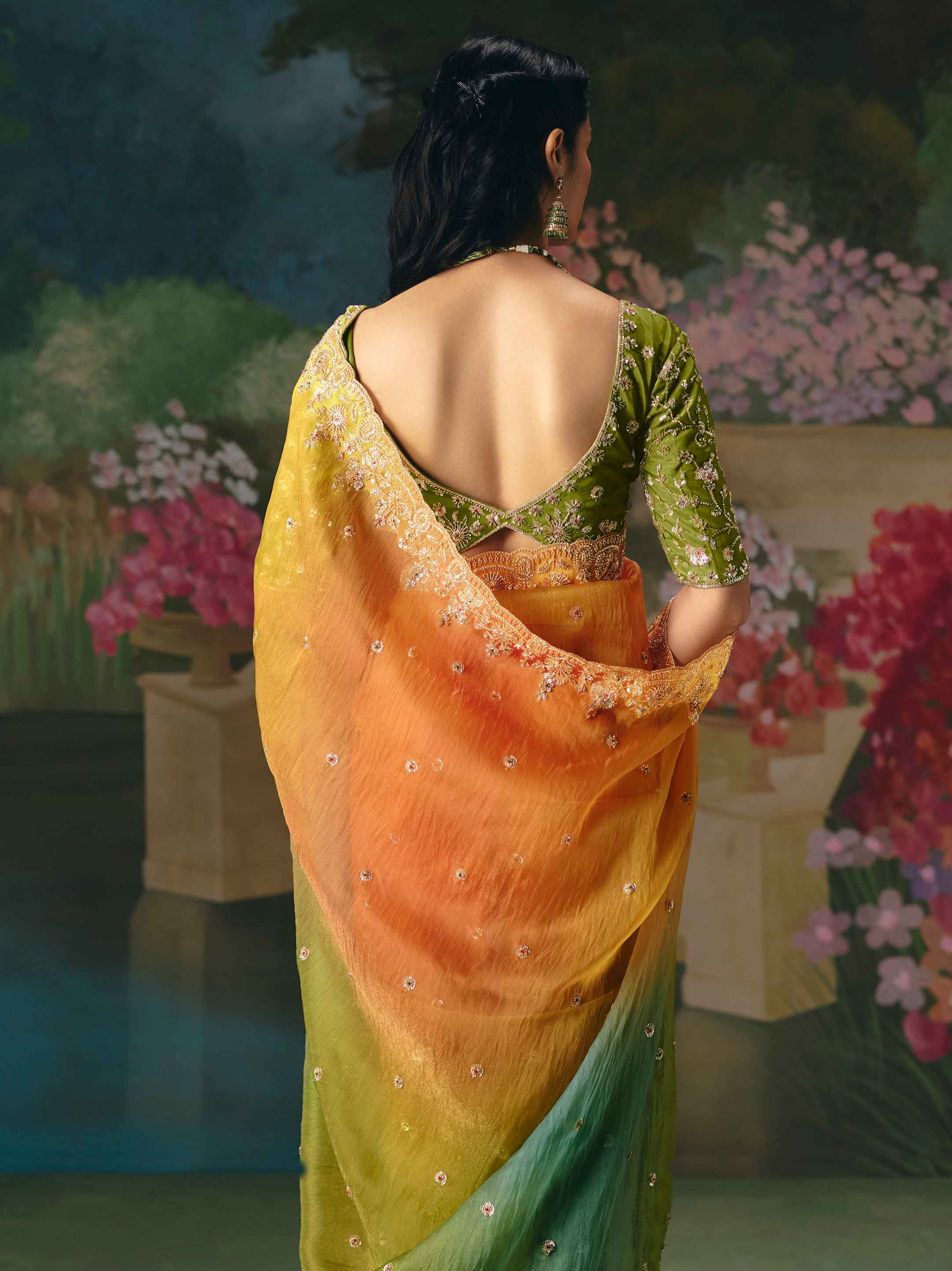 Multicolor Green-Orange Fancy Saree with Heavy Embroidery