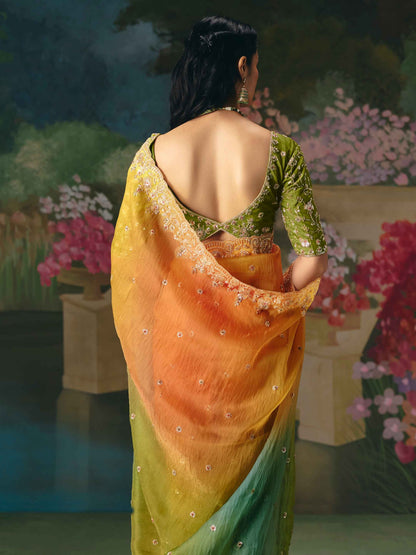 Multicolor Green-Orange Fancy Saree with Heavy Embroidery
