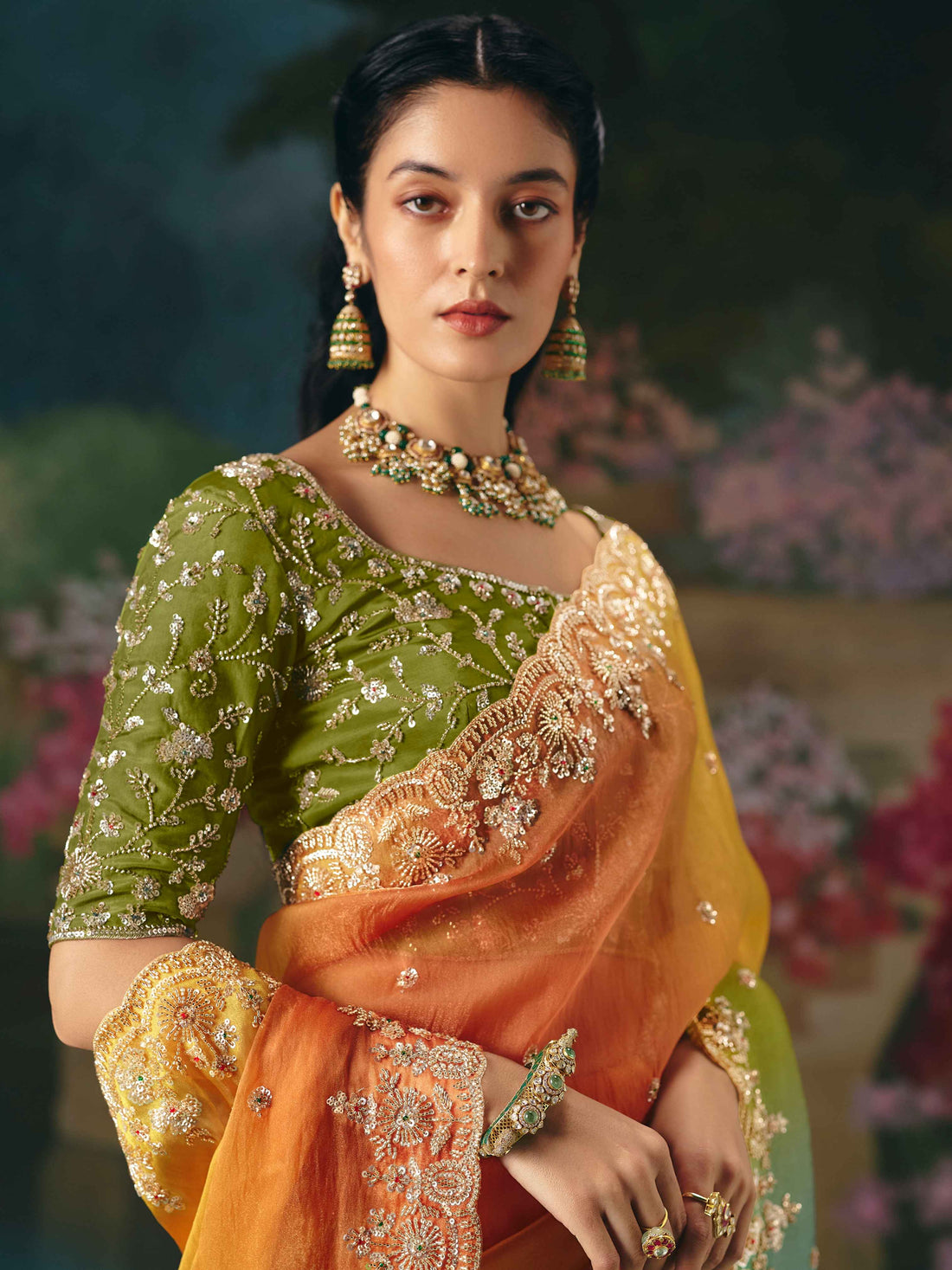 Multicolor Green-Orange Fancy Saree with Heavy Embroidery