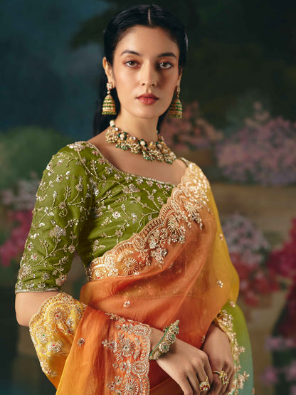 Multicolor Green-Orange Fancy Saree with Heavy Embroidery