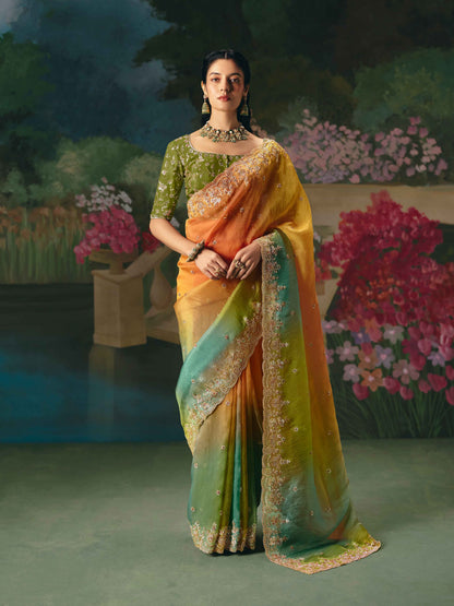Multicolor Green-Orange Fancy Saree with Heavy Embroidery