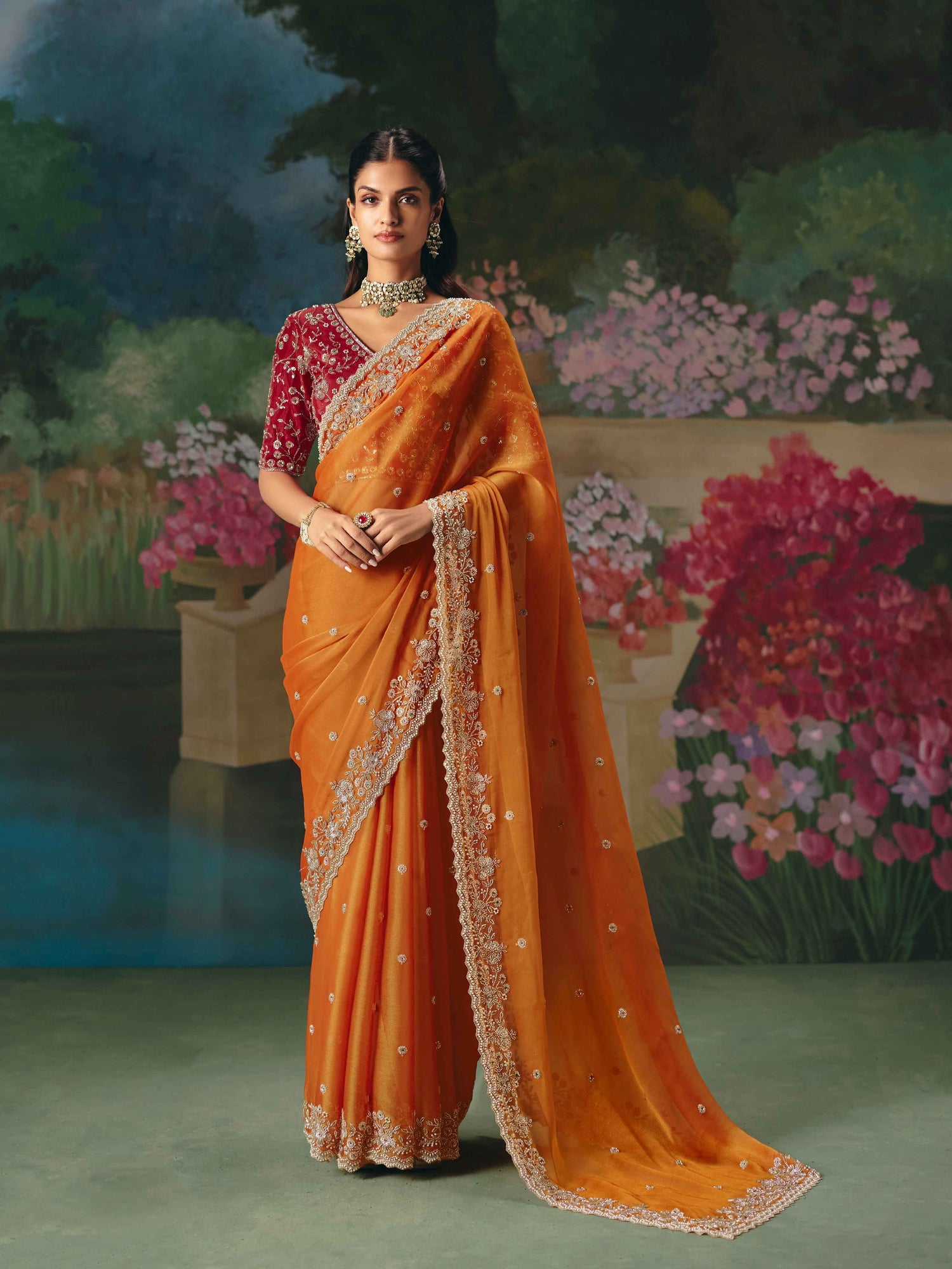 Orange Premium Fancy Saree with Heavy Sequin &amp; Stone Embellishment