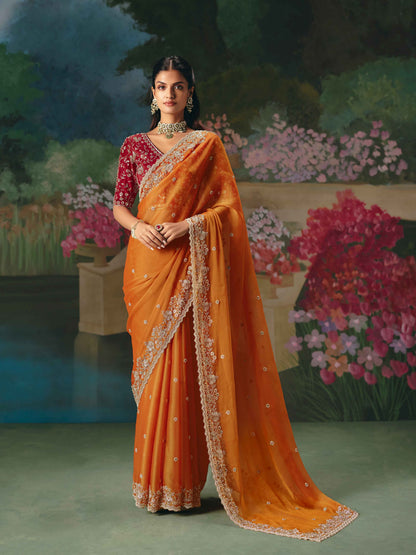 Orange Premium Fancy Saree with Heavy Sequin &amp; Stone Embellishment