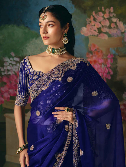 Royal Blue Premium Fancy Saree with Sequin, Stone &amp; Beads Embroidery