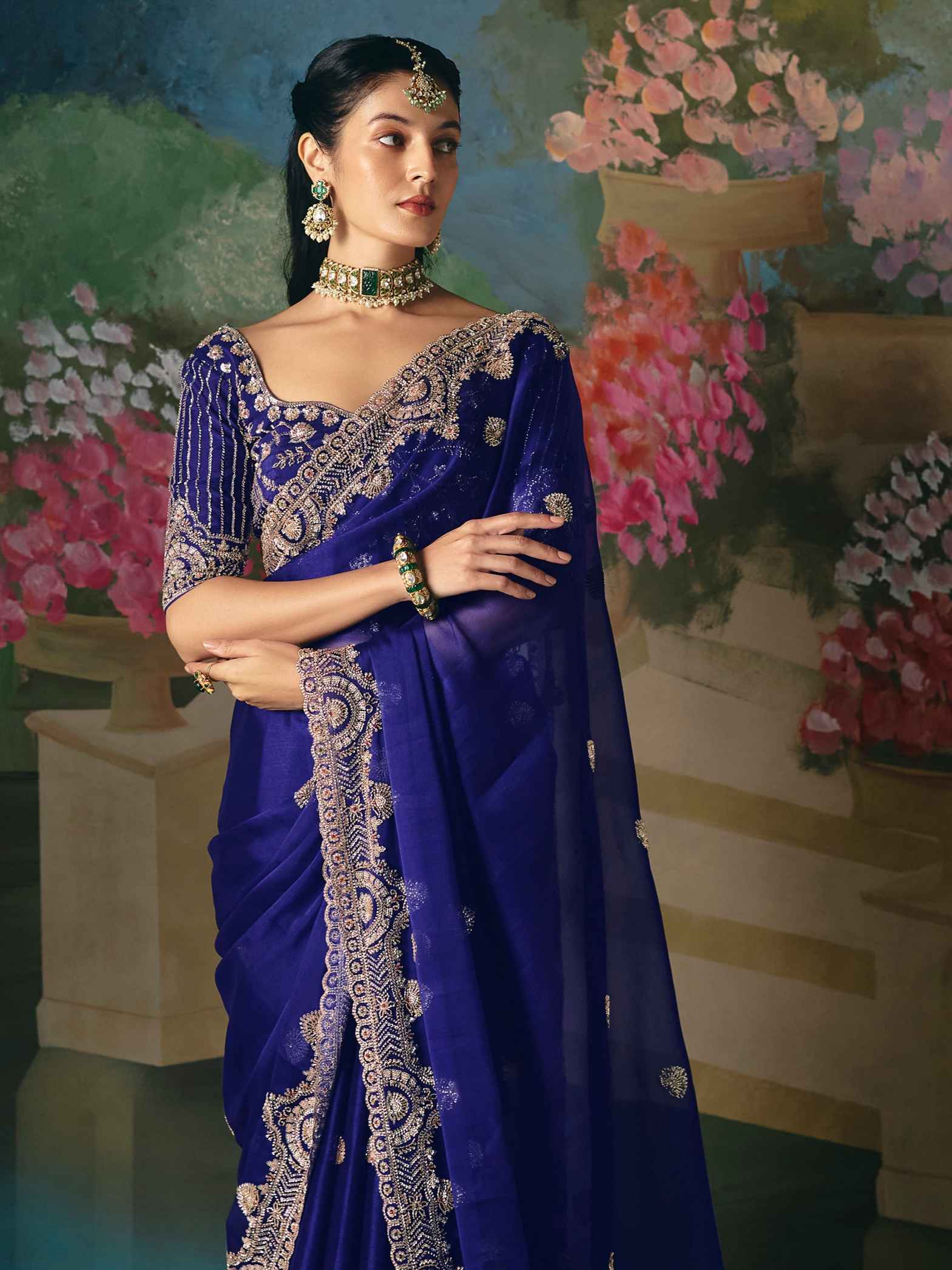 Royal Blue Premium Fancy Saree with Sequin, Stone &amp; Beads Embroidery