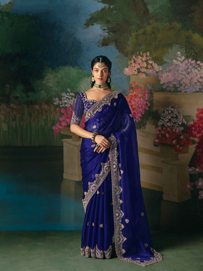 Royal Blue Premium Fancy Saree with Sequin, Stone &amp; Beads Embroidery